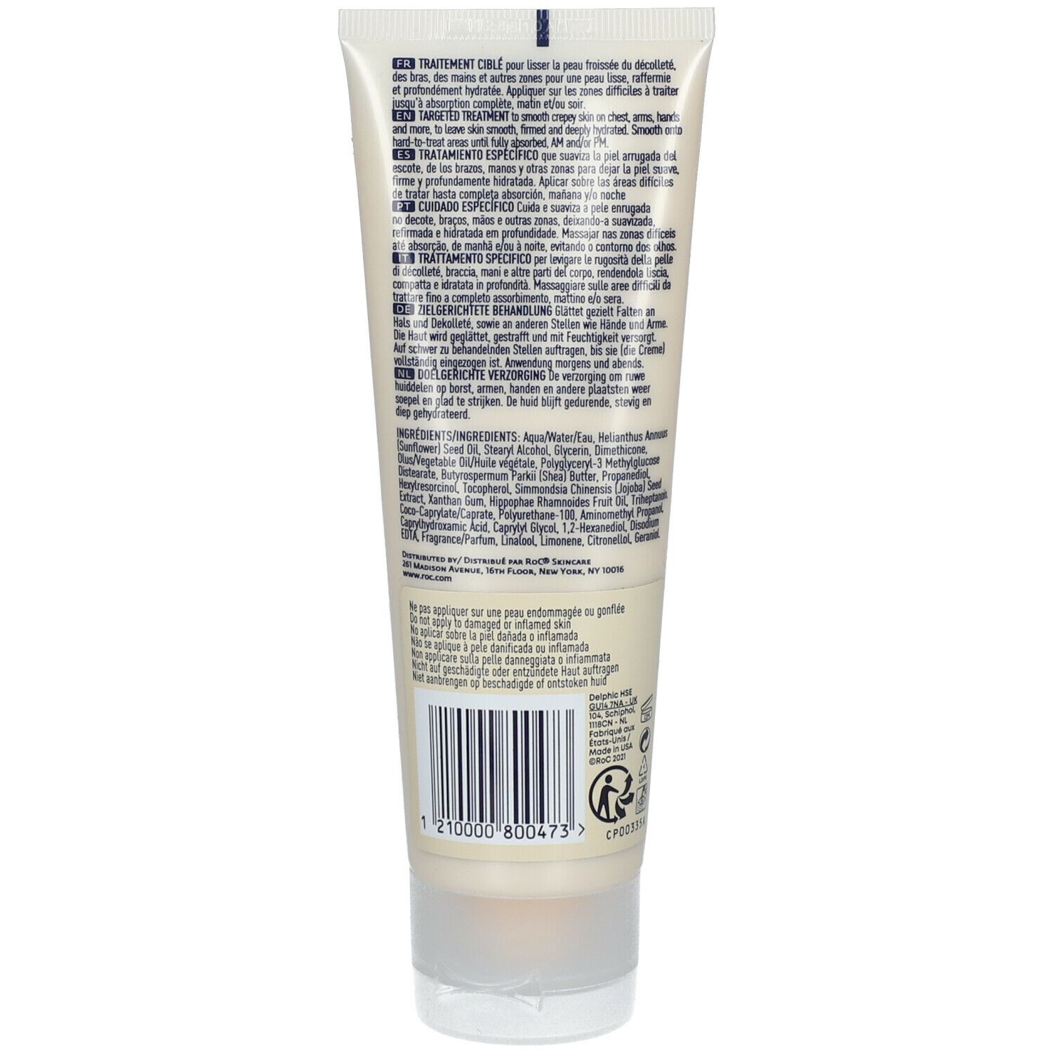 Tube de crème beige et blanc. Texte et code-barres visibles. Informations produit au dos. Symbole de recyclage.