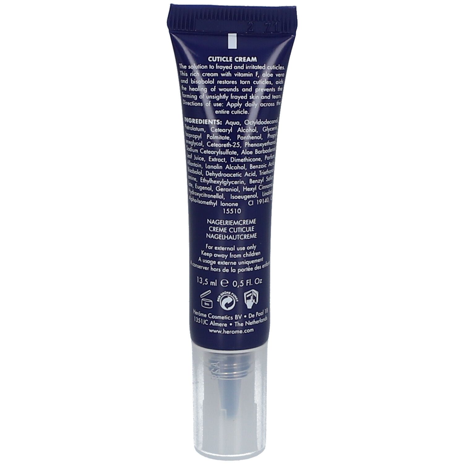 Rückseite der HEROME® Cuticle Cream Tube. Text: Inhaltsstoffe, Anwendungshinweise, Warnhinweise. 13,5 ml.