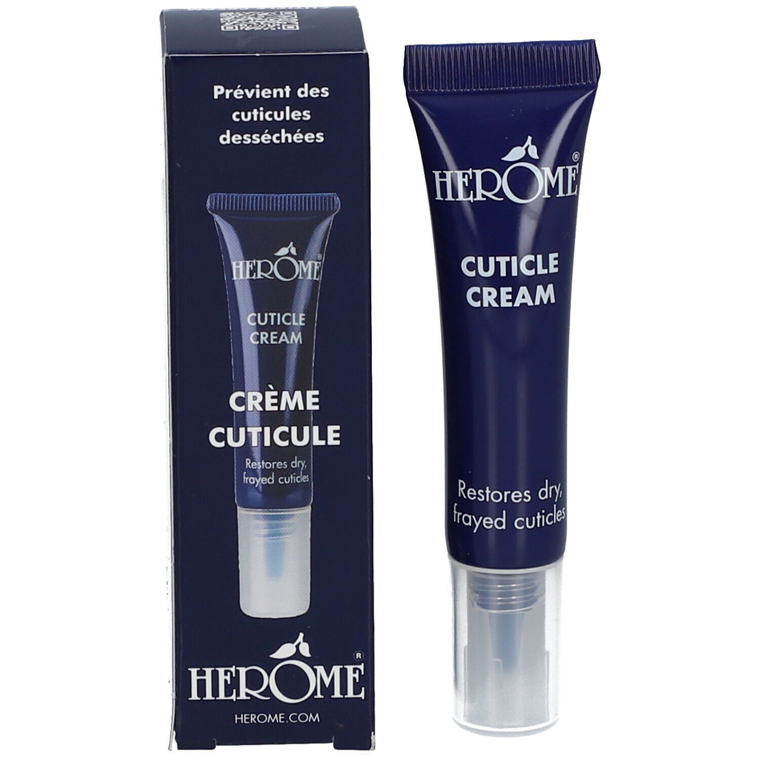 HEROME® Cuticle Cream Tube und Schachtel. Schachtel: Crème Cuticule, Restores dry, frayed cuticles. Produktname und Logo.