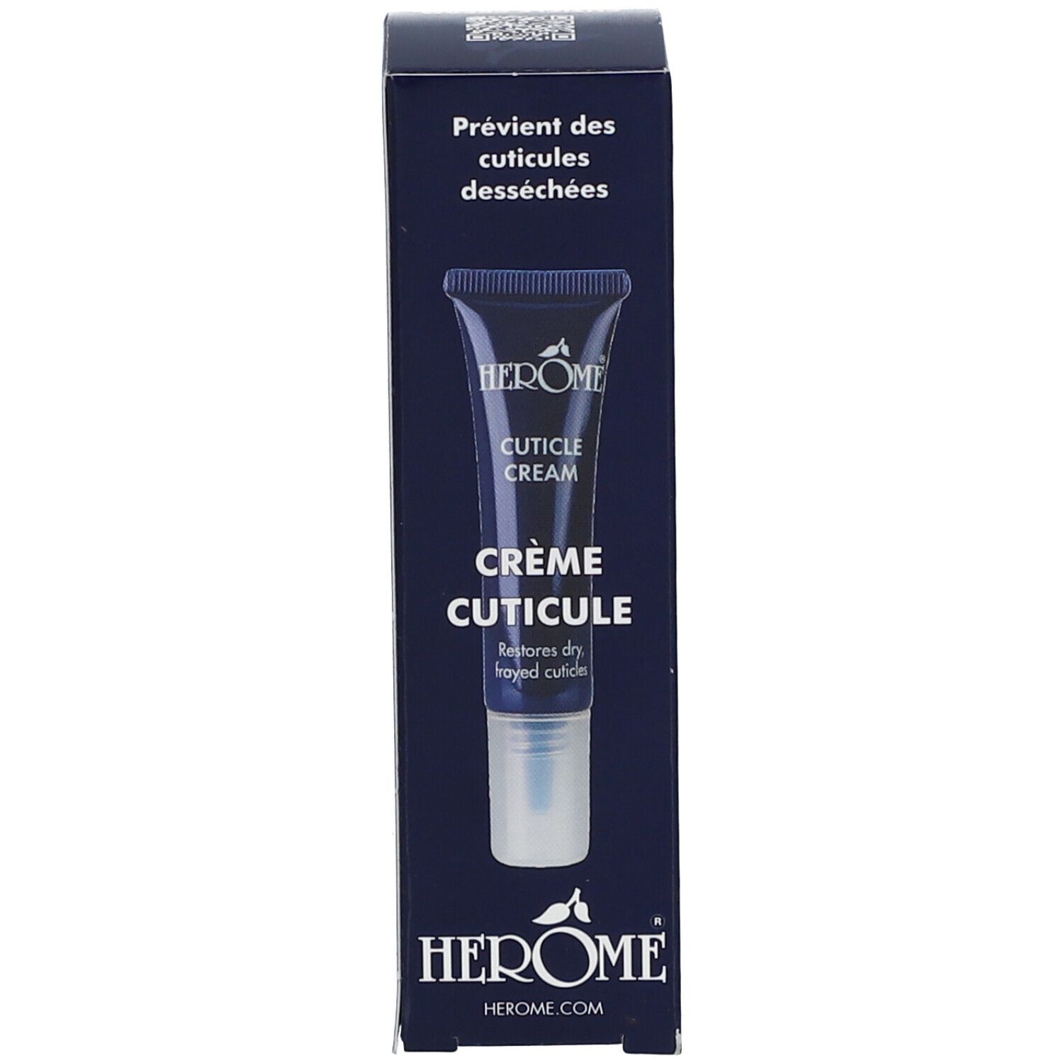 HEROME® Cuticle Cream Tube und Schachtel. Schachtel: Crème Cuticule, Restores dry, frayed cuticles. Produktname und Logo.