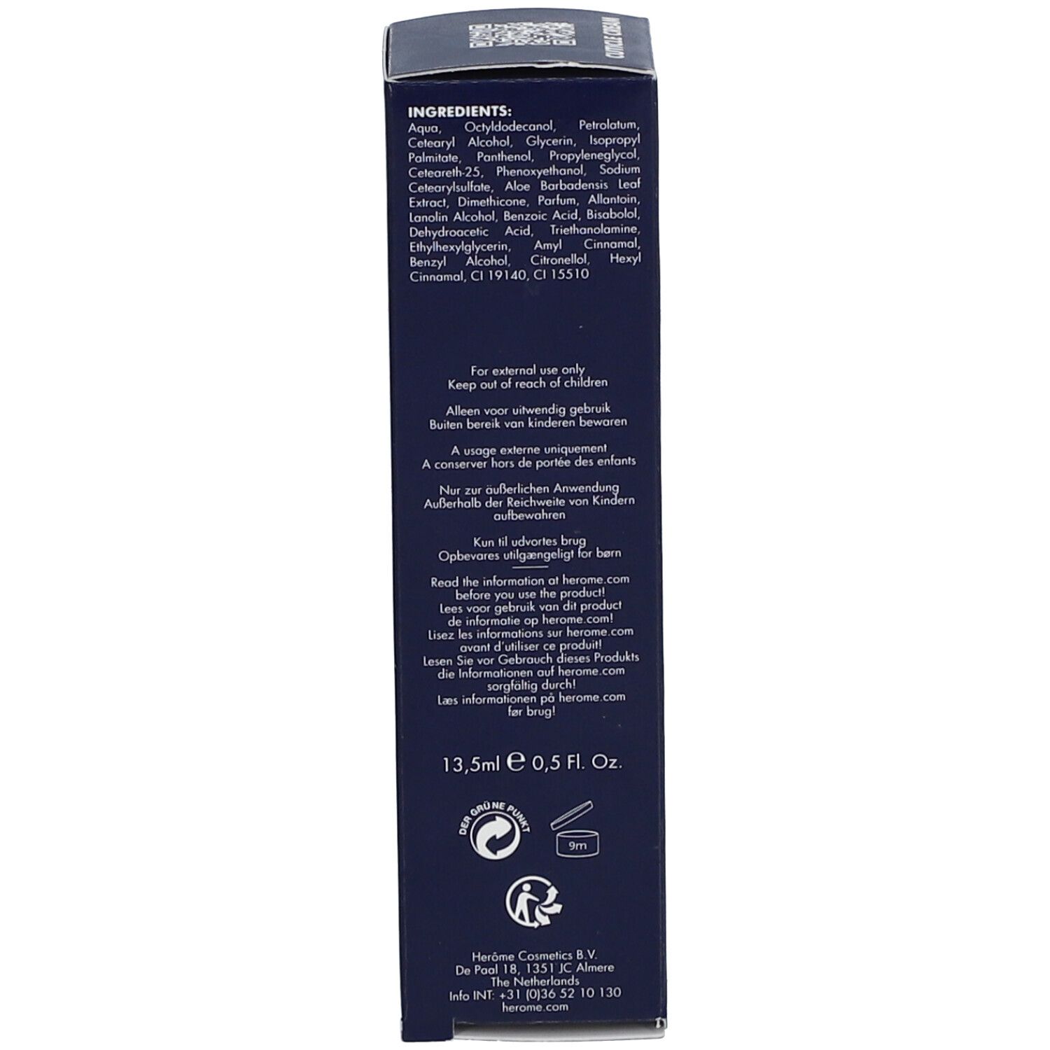 Seite der HEROME® Cuticle Cream Schachtel. Text: Inhaltsstoffe, Warnhinweise, Kontaktinformationen. 13,5 ml.