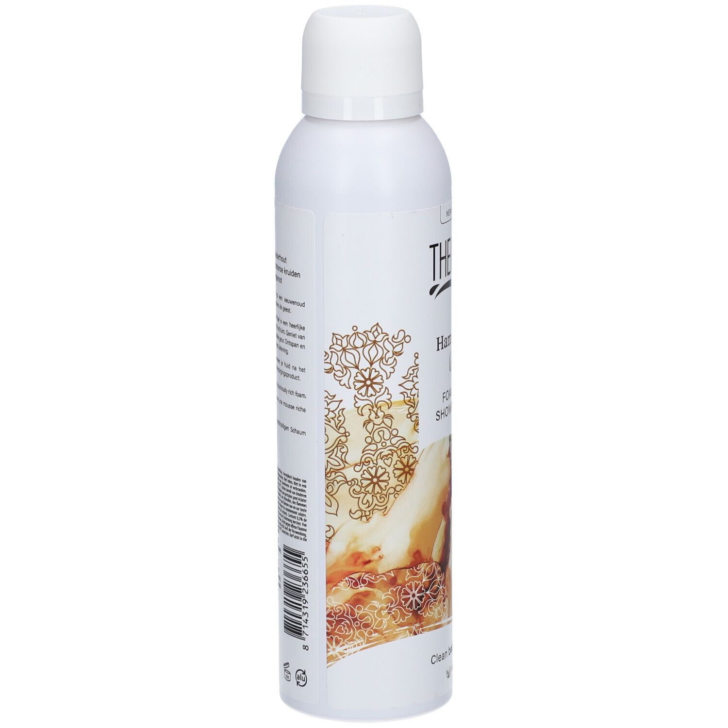 Weißes THERME Hammam Duschgel. Aufschrift: Hammam, Foaming Shower Gel. Rückseite mit Text und orientalischem Muster.