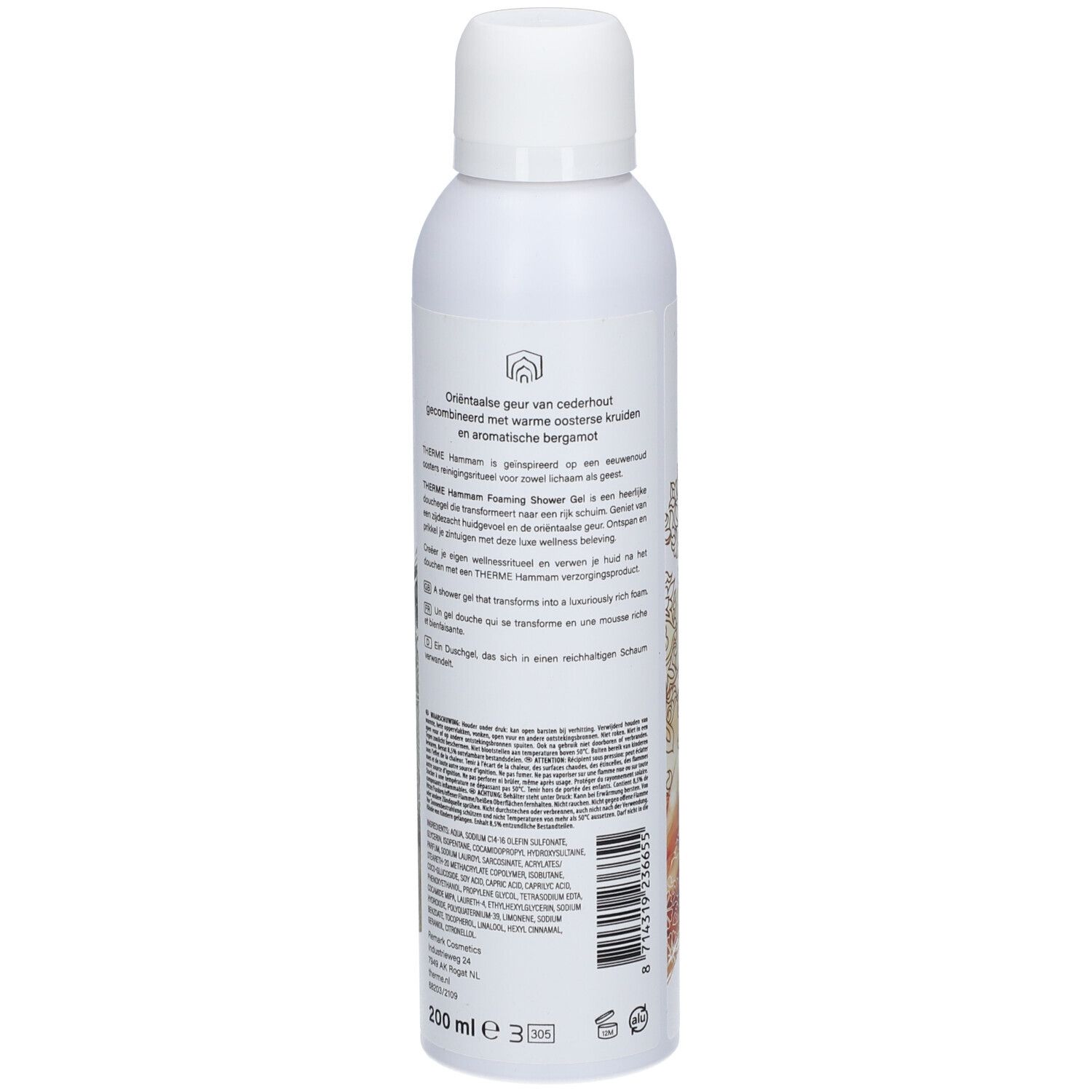 Weißes THERME Hammam Duschgel. Rückseite mit Text. Aufschrift: 200 ml. Vegan-Logo. Flasche mit weißem Deckel.