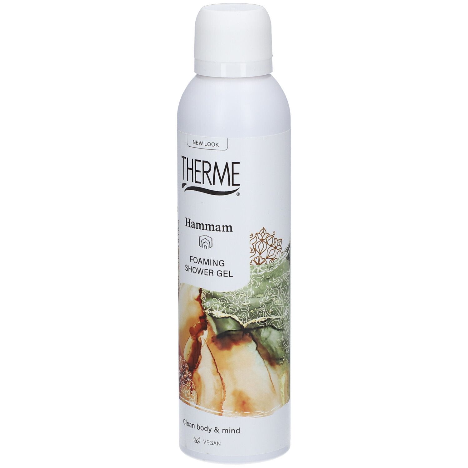 Weißes THERME Hammam Duschgel. Aufschrift: Hammam, Foaming Shower Gel. Vegan-Logo. Abbildung mit orientalischem Muster.