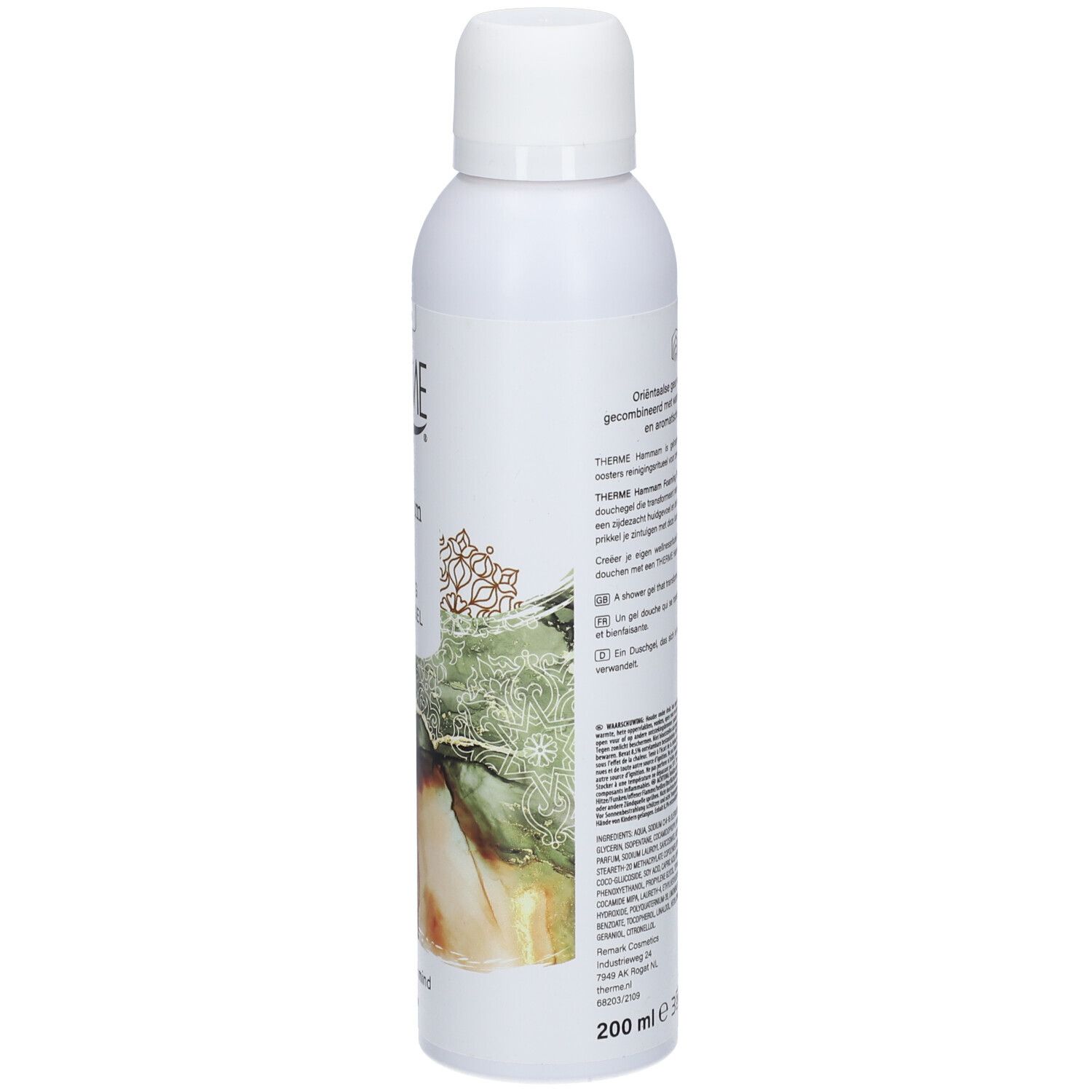Weißes THERME Hammam Duschgel. Rückseite mit Text. Aufschrift: 200 ml. Vegan-Logo. Flasche mit weißem Deckel.