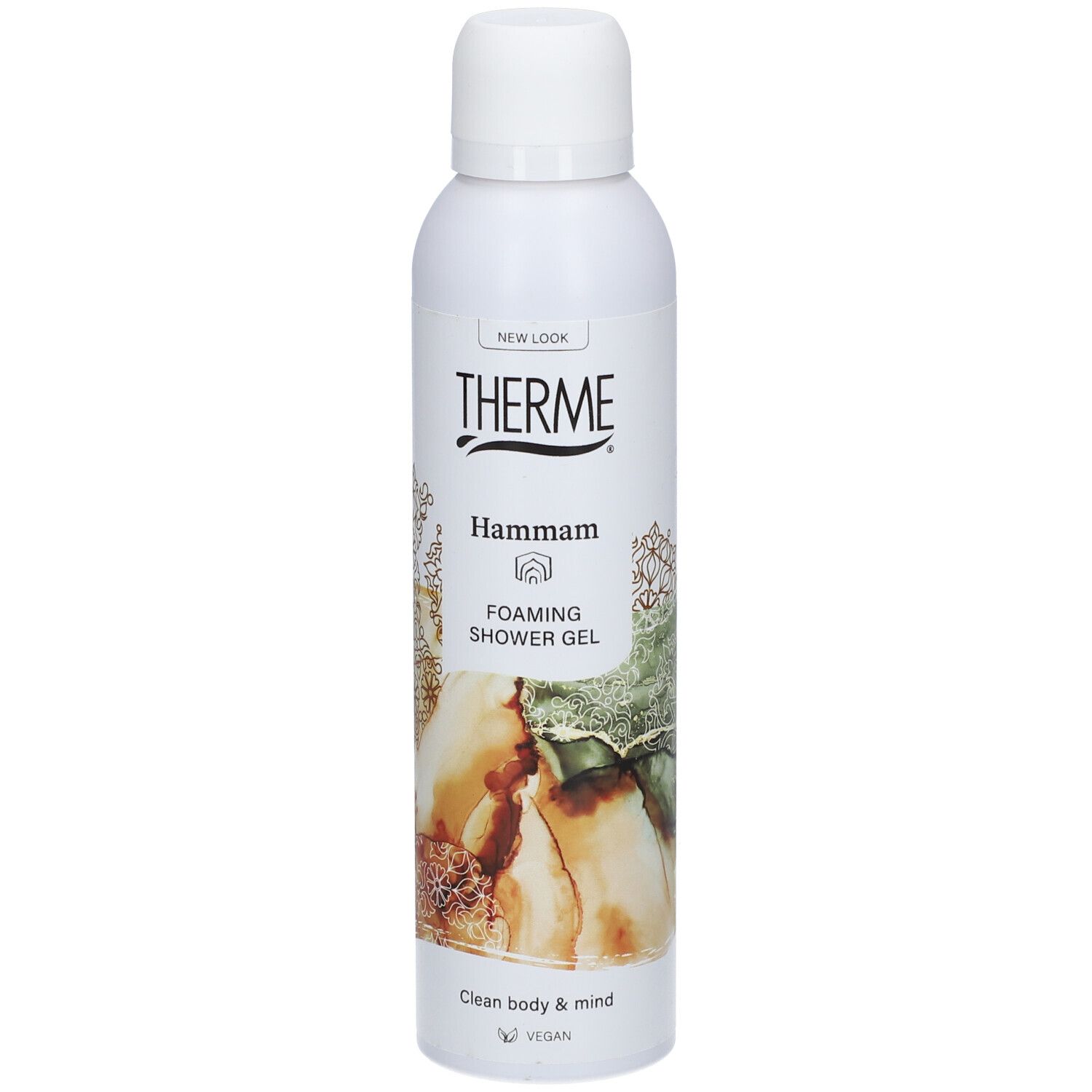 Weißes THERME Hammam Duschgel. Aufschrift: Hammam, Foaming Shower Gel. Vegan-Logo. Abbildung mit orientalischem Muster.