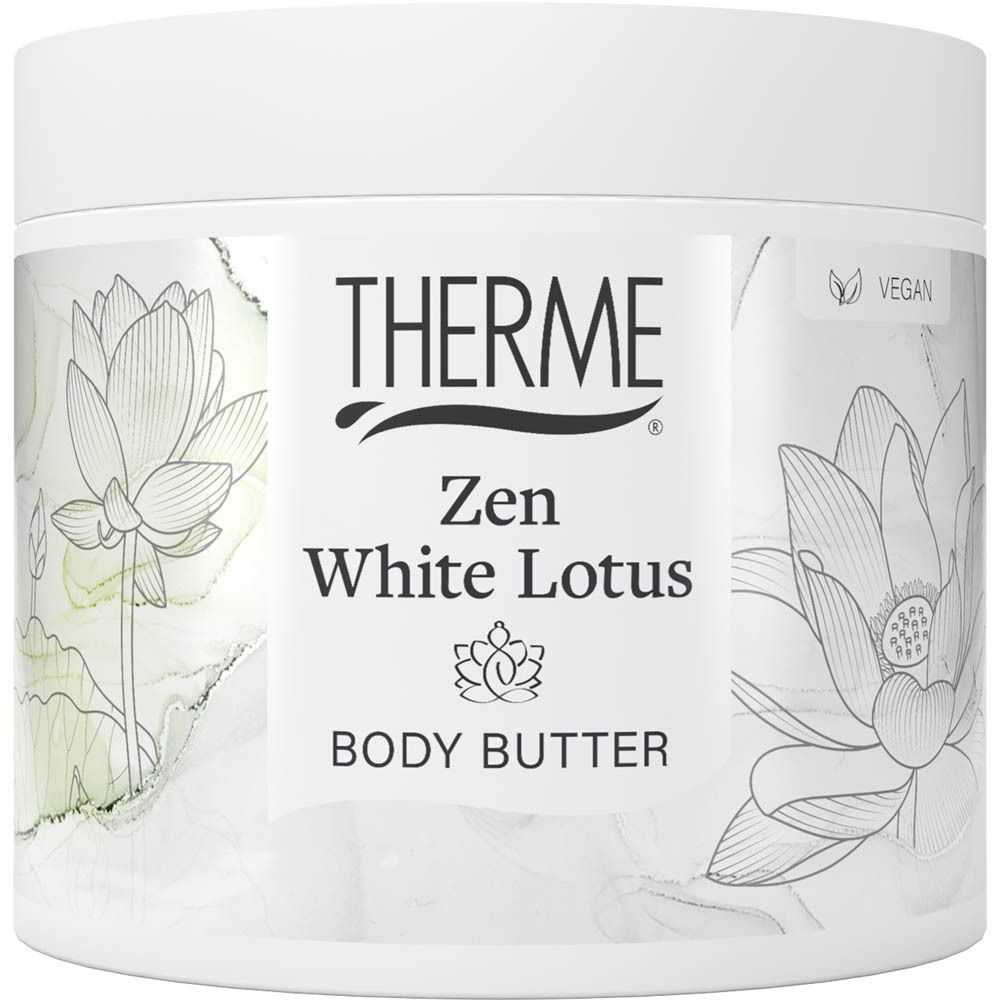 Pot blanc THERME Zen White Lotus Body Butter. Inscription et illustrations de fleurs de lotus.
