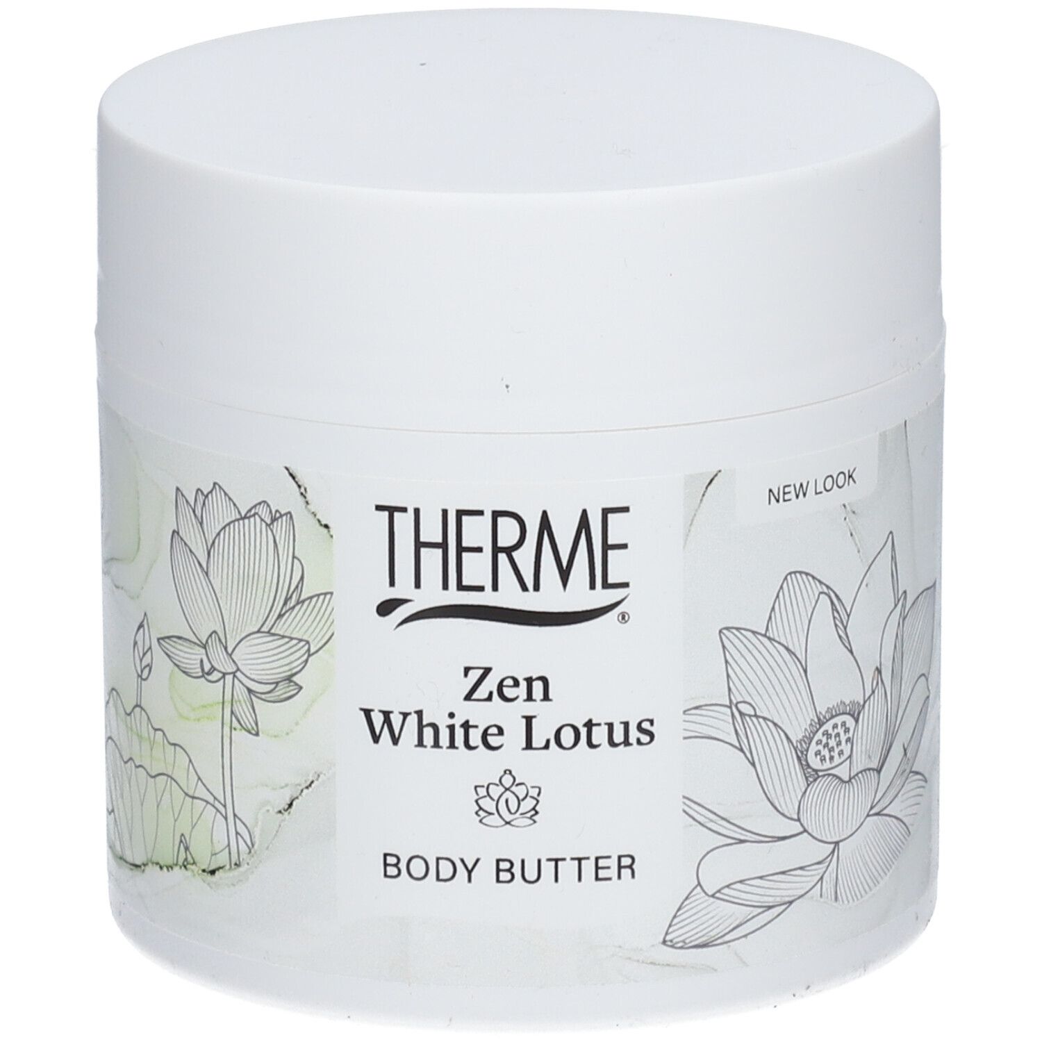 Witte pot THERME Zen White Lotus Body Butter. Opschrift en lotusbloem illustraties.