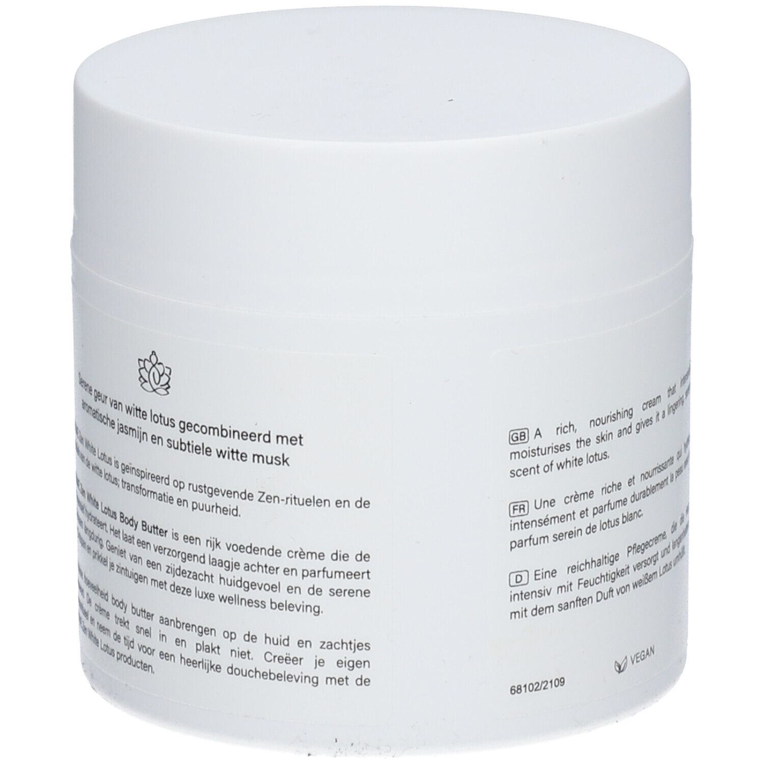 Achterkant witte pot THERME Zen White Lotus Body Butter. Tekst in meerdere talen.
