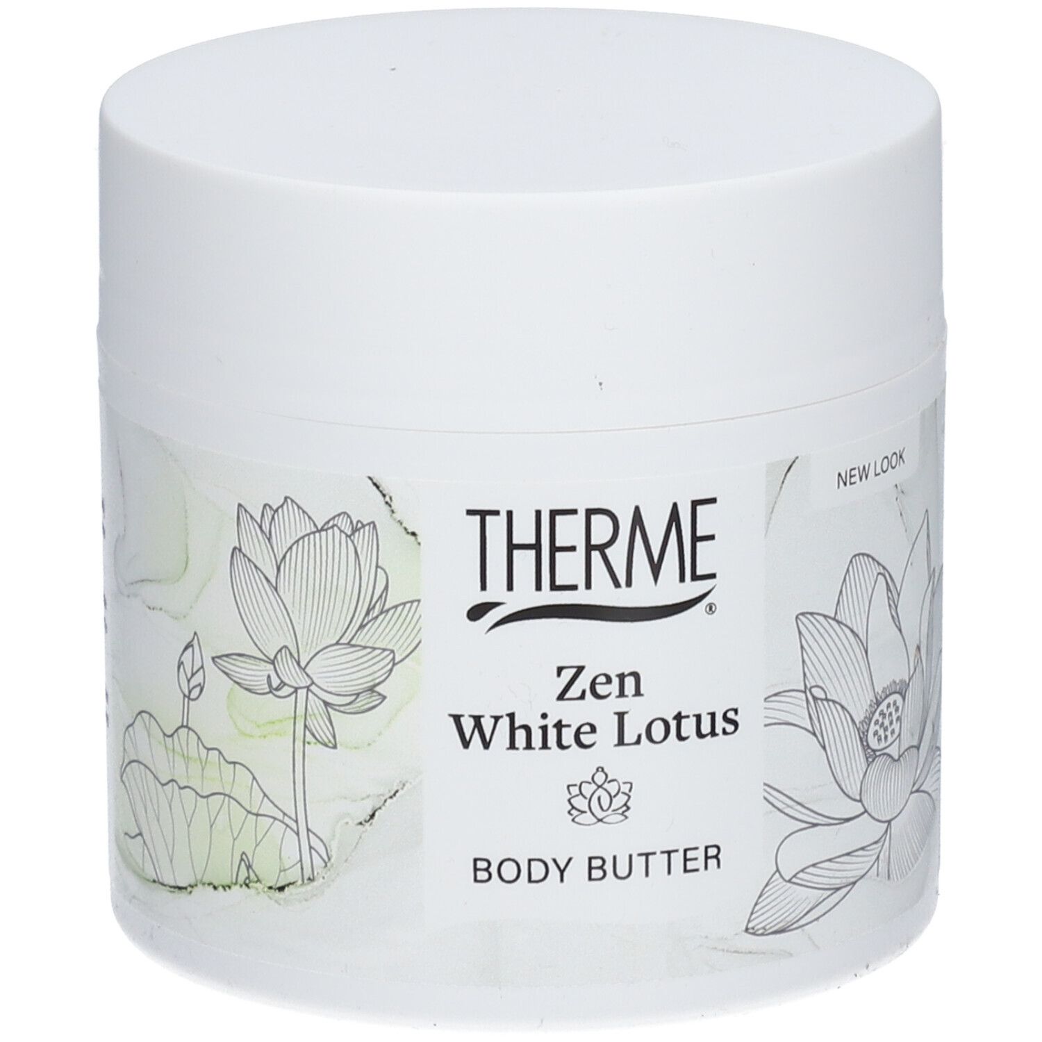 Witte pot THERME Zen White Lotus Body Butter. Opschrift en lotusbloem illustraties.