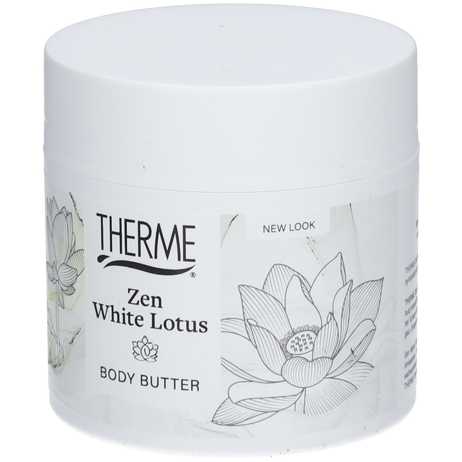Witte pot THERME Zen White Lotus Body Butter. Opschrift en lotusbloem illustraties.