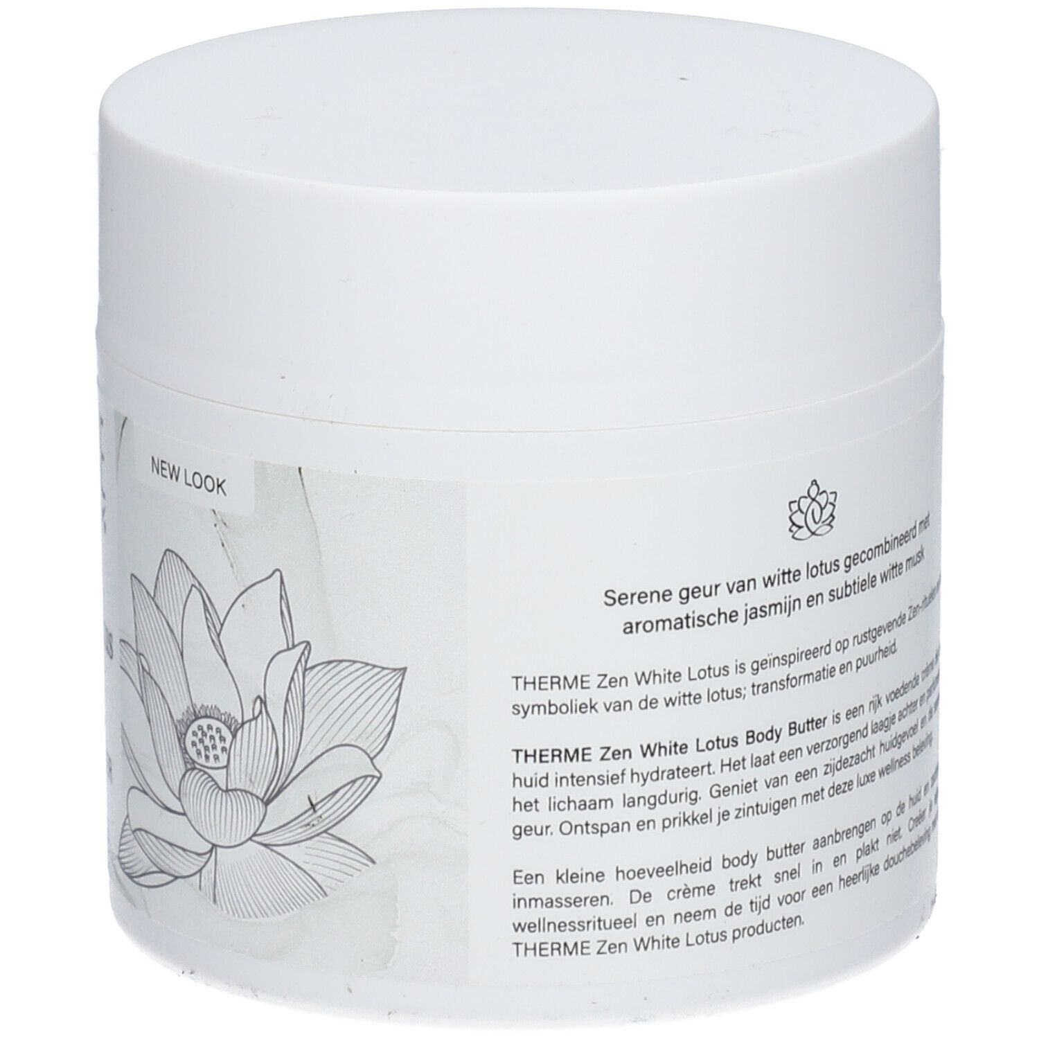 Achterkant witte pot THERME Zen White Lotus Body Butter. Tekst in meerdere talen.