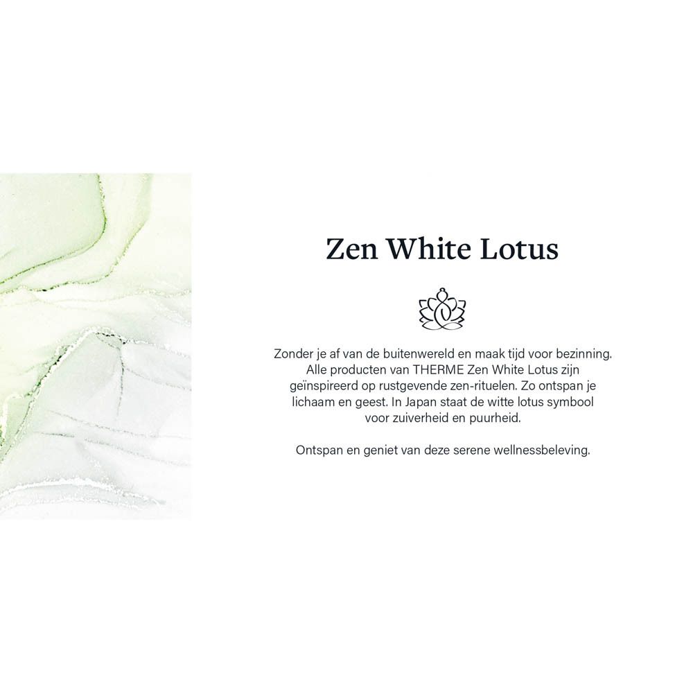 Witte pot THERME Zen White Lotus Body Butter. Opschrift en lotusbloem illustraties.