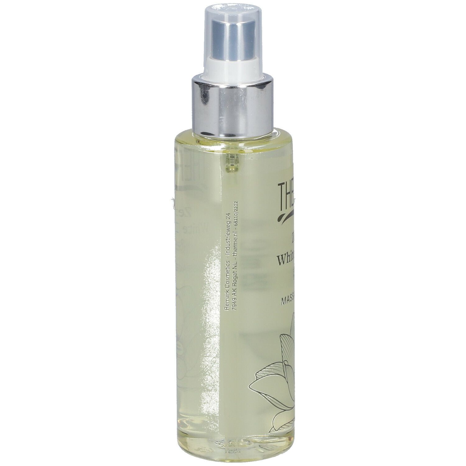 Transparante fles THERME Massage Oil met verstuiver. Opschrift: Zen White Lotus, Massage Oil. Lotusbloem illustratie.