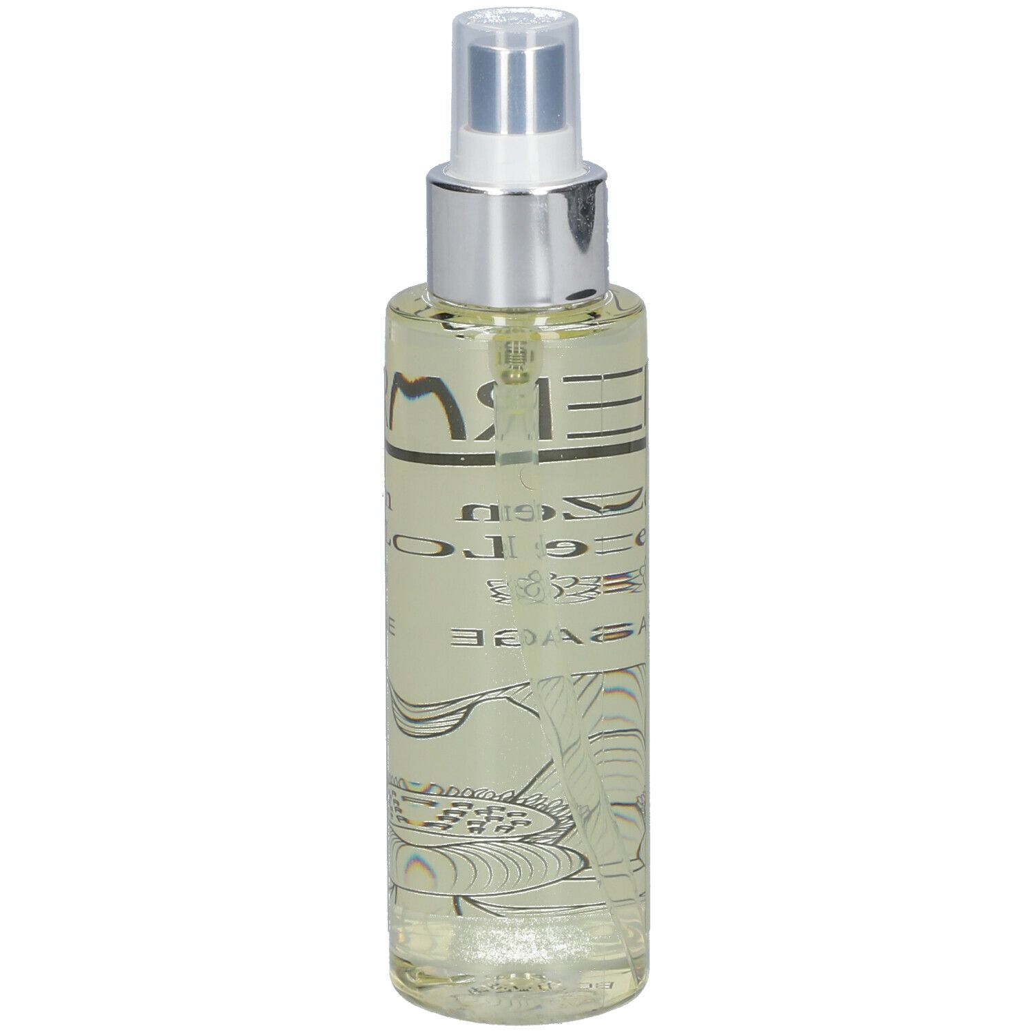 Transparante fles THERME Massage Oil met verstuiver. Opschrift: Zen White Lotus, Massage Oil. Lotusbloem illustratie.