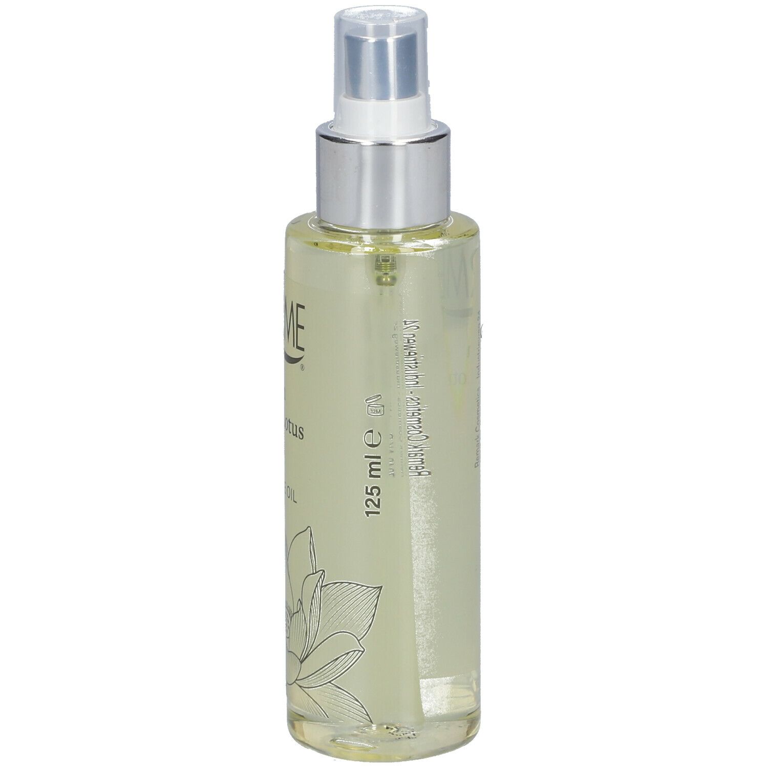 Transparante fles THERME Massage Oil met verstuiver. Opschrift: Zen White Lotus, Massage Oil. 125 ml. Lotusbloem illustratie.