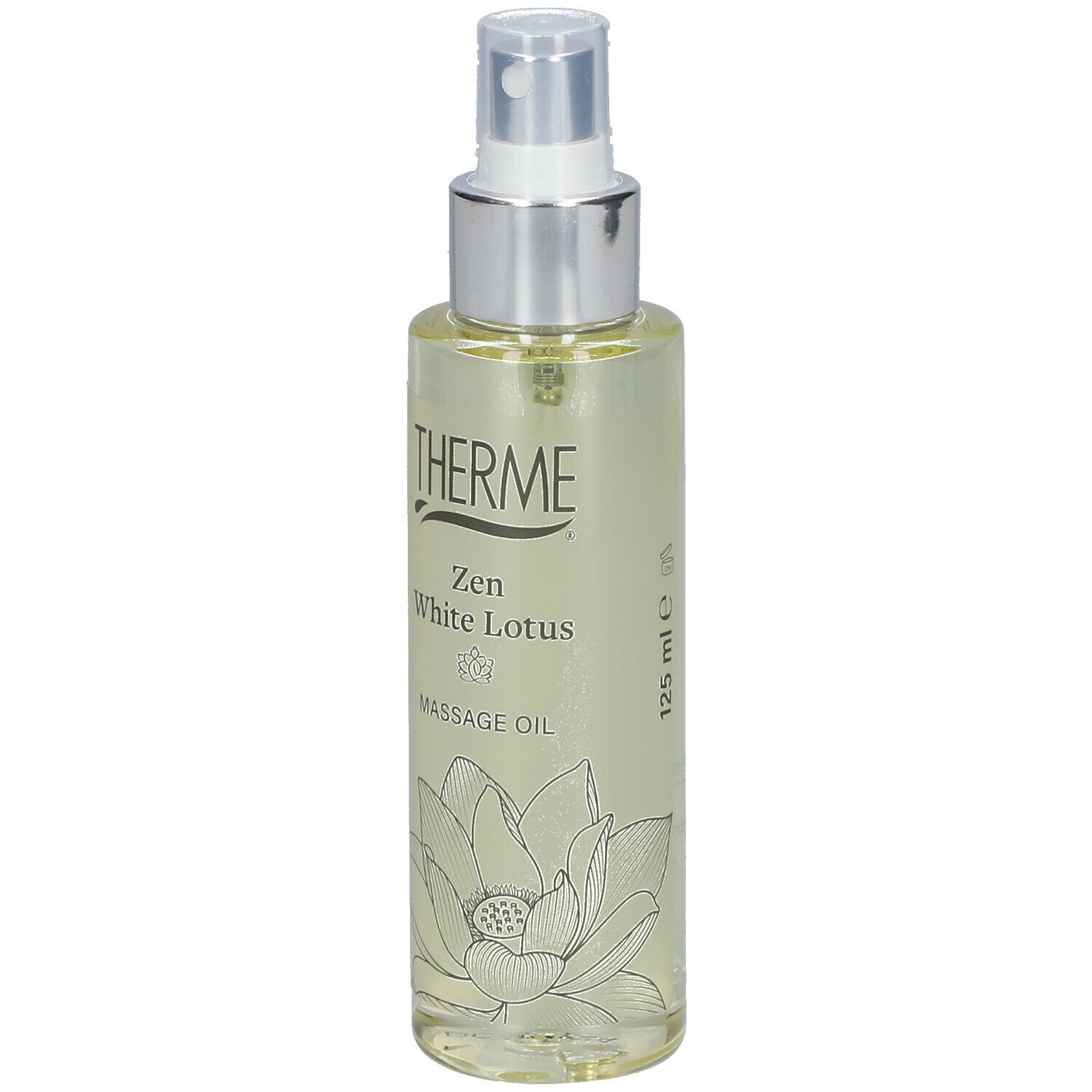 Transparante fles THERME Massage Oil met verstuiver. Opschrift: Zen White Lotus, Massage Oil. 125 ml. Lotusbloem illustratie.