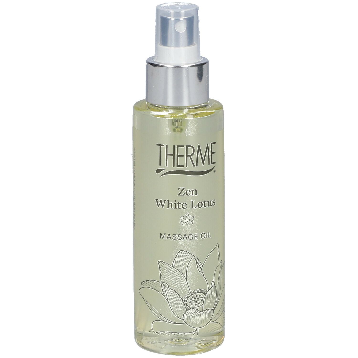 Transparante fles THERME Massage Oil met verstuiver. Opschrift: Zen White Lotus, Massage Oil. Lotusbloem illustratie.
