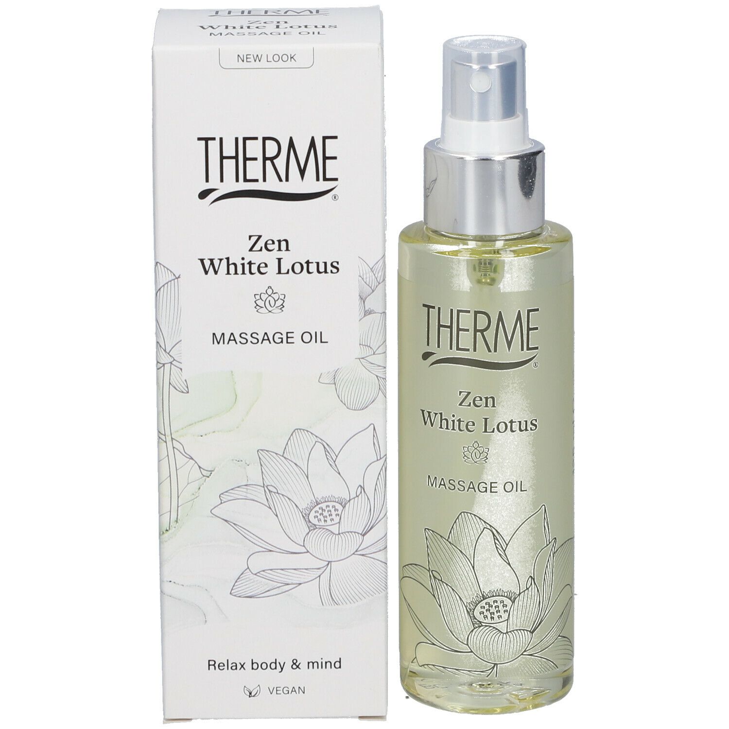 THERME Massage Oil fles en verpakking. Opschrift: Zen White Lotus, Massage Oil. Lotusbloem illustratie. Verpakking: Relax body & mind.