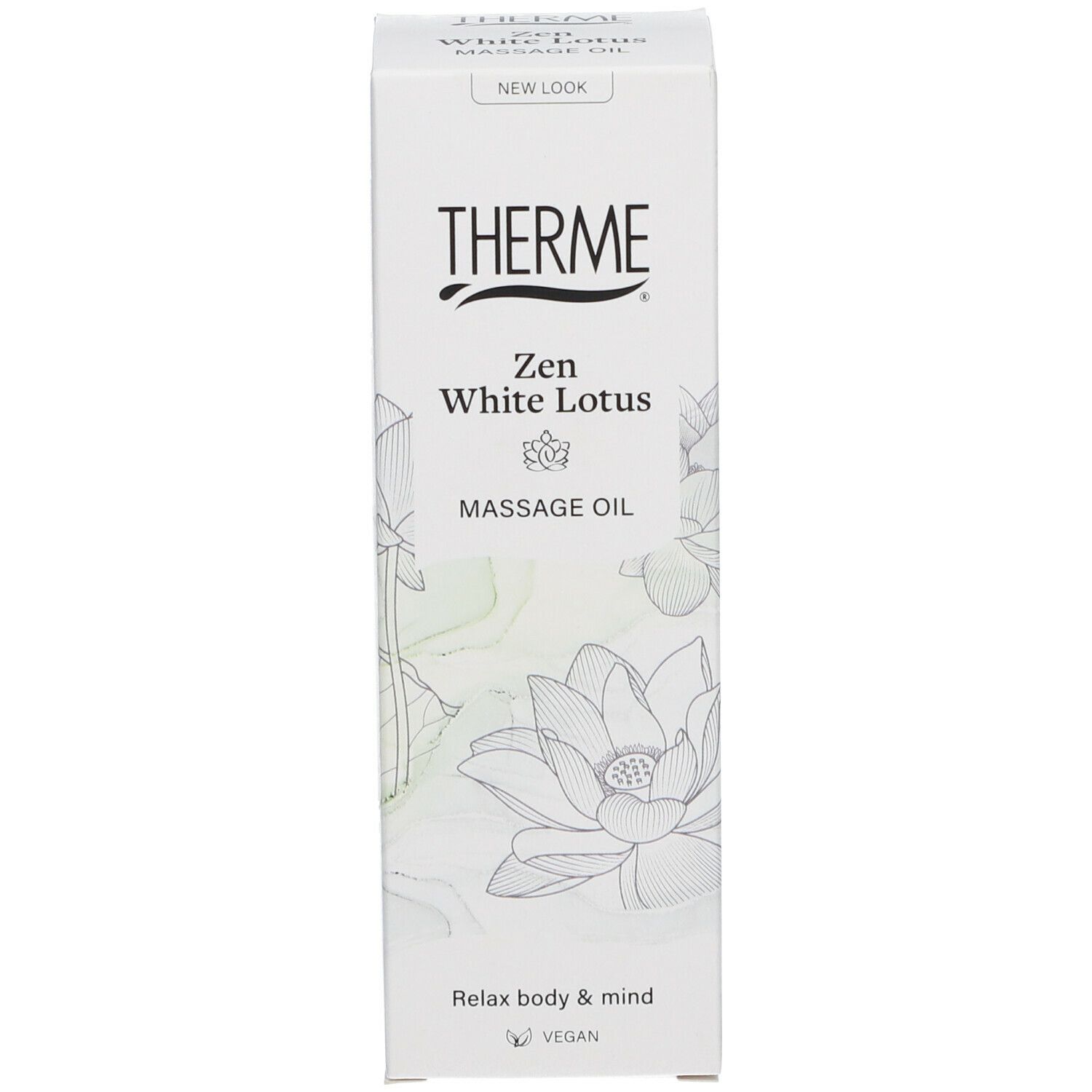 THERME Massage Oil verpakking. Opschrift: Zen White Lotus, Massage Oil. Lotusbloem illustratie. Verpakking: Relax body & mind, Vegan.