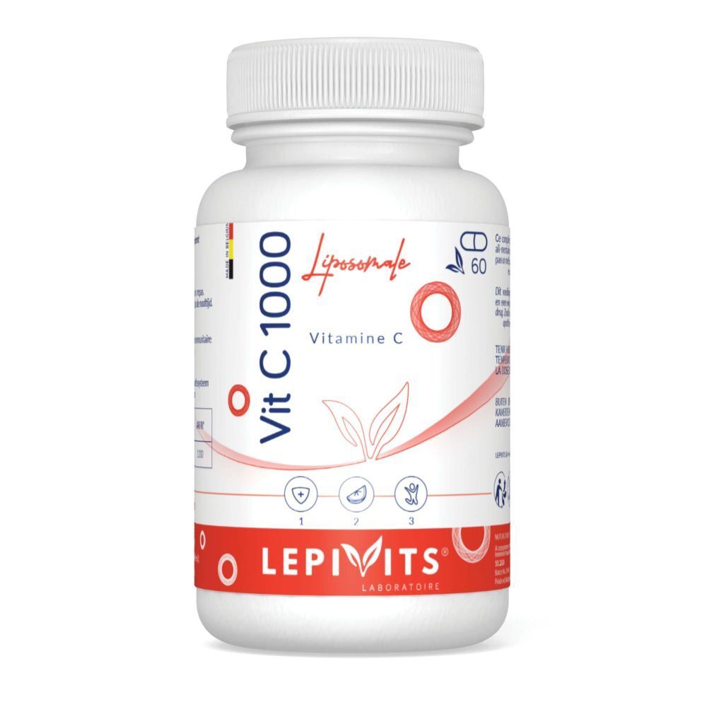 Witte fles met rode en blauwe tekst. Bevat capsules. Opschrift: Vit C 1000, Liposomale, Vitamine C. Merk: LEPIVITS.