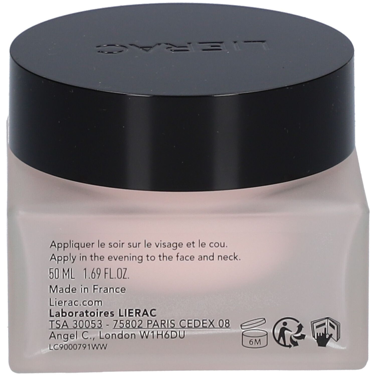 Dos du pot de crème avec couvercle noir. Texte: Appliquer le soir sur le visage et le cou. 50 ml, Fabriqué en France.