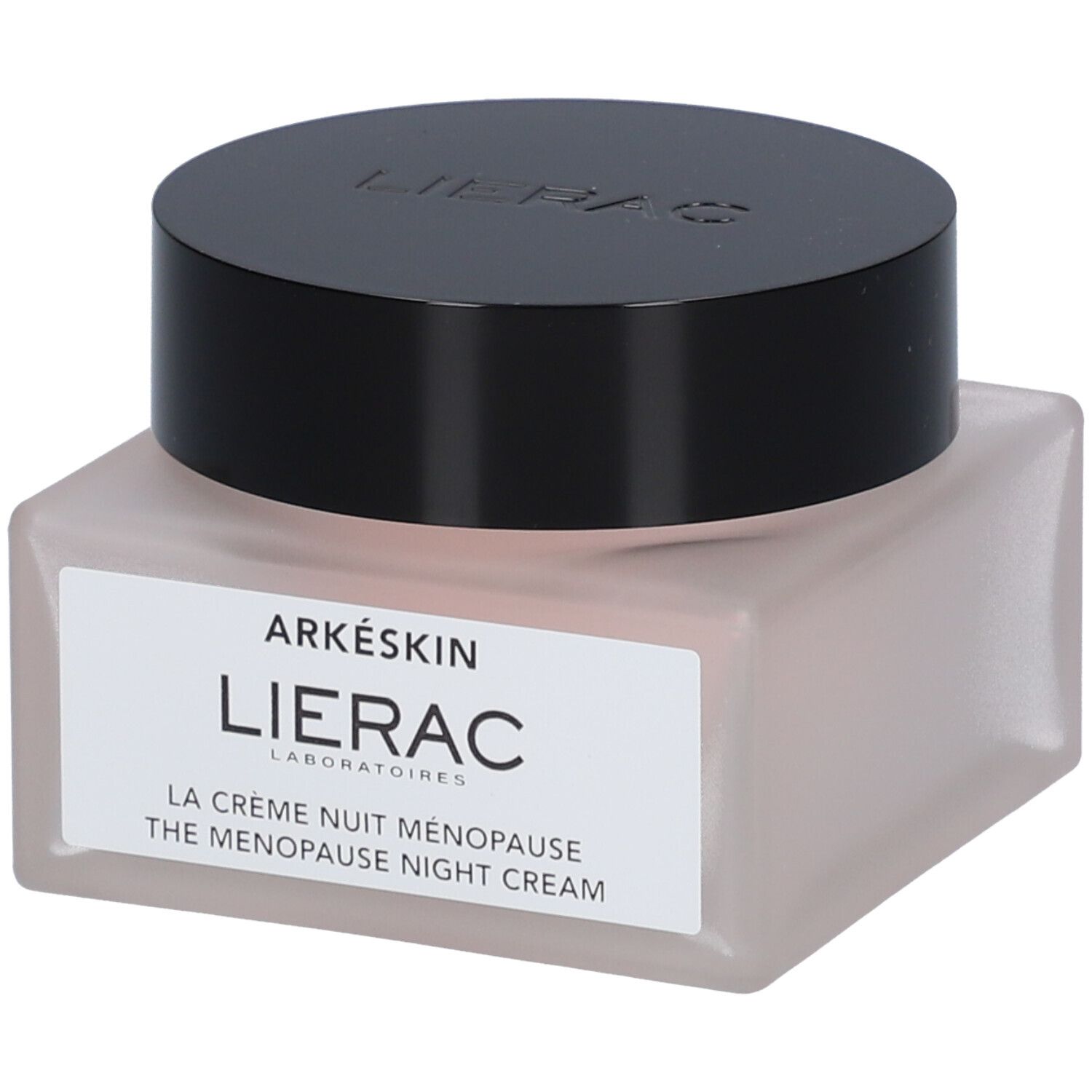 Pot de crème avec couvercle noir. Étiquette: Arkéskin, Lierac, La Crème Nuit Ménopause, The Menopause Night Cream.