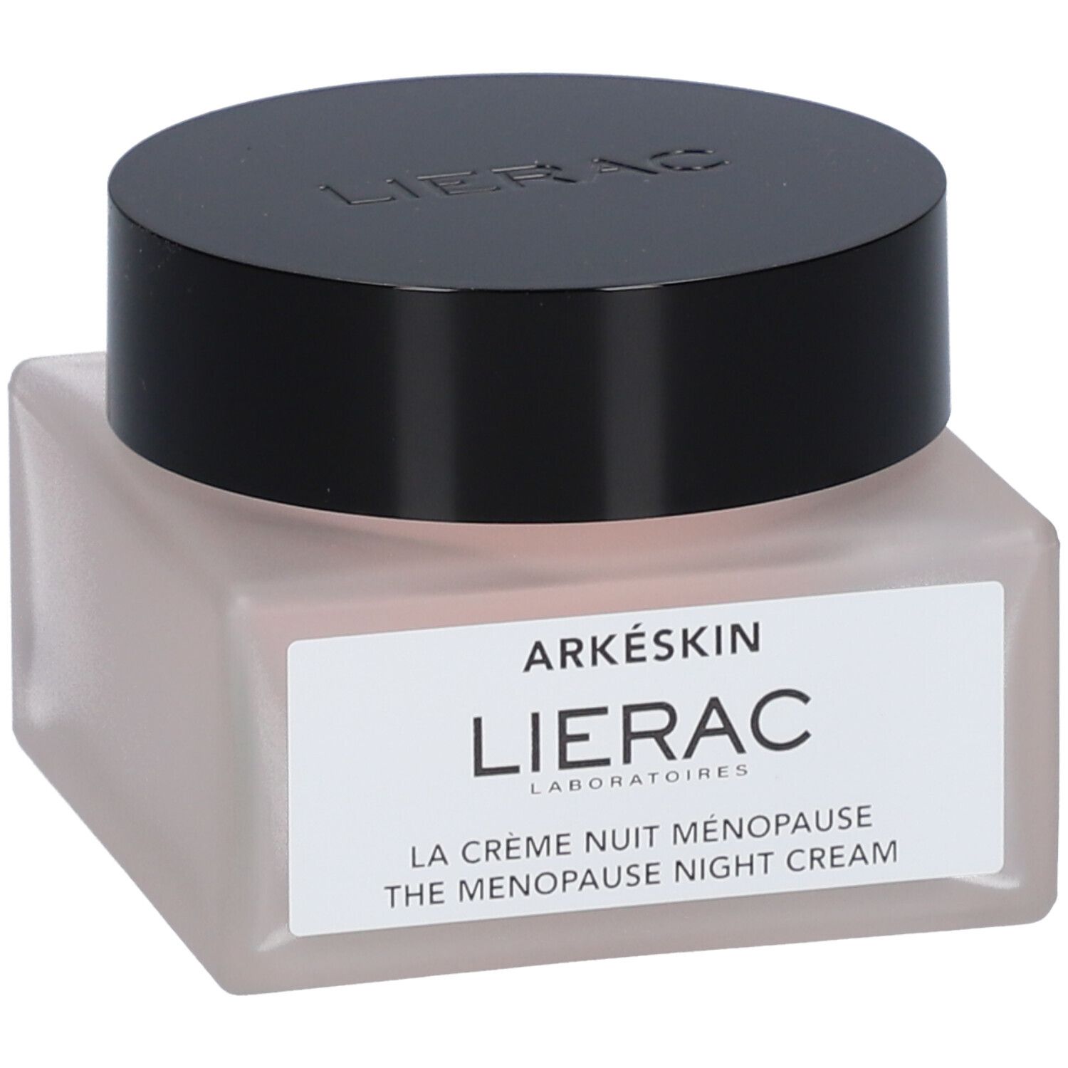 Pot de crème avec couvercle noir. Étiquette: Arkéskin, Lierac, La Crème Nuit Ménopause, The Menopause Night Cream.