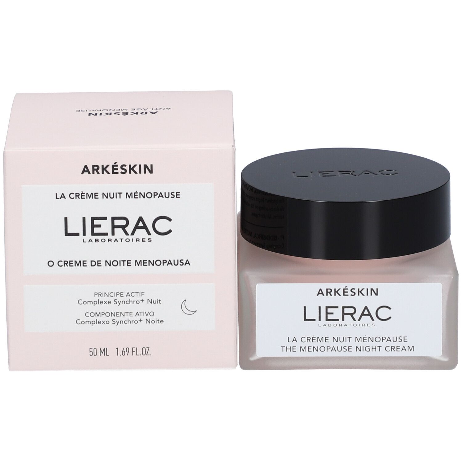 Pot de crème et emballage. Sur le pot: Arkéskin, Lierac, La Crème Nuit Ménopause. Sur l'emballage: 50 ml.