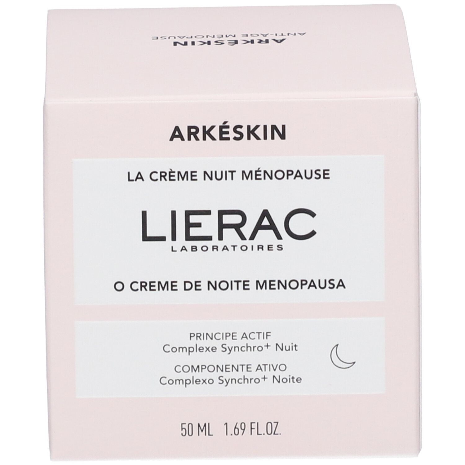 Emballage. Sur l'emballage: Arkéskin, La Crème Nuit Ménopause, Lierac. Texte: 50 ml.