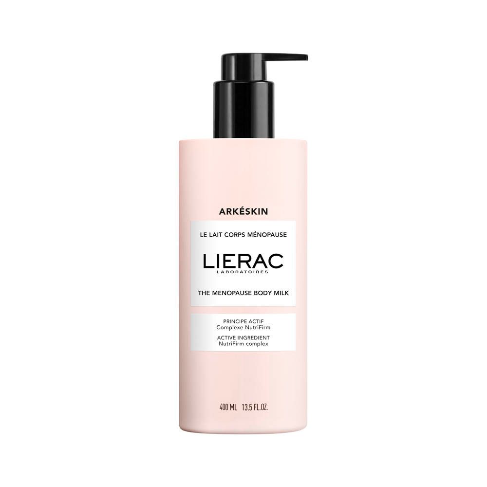 Flacon rose avec pompe noire. Inscriptions : Arkéskin, Le Lait Corps Ménopause, Lierac. 400 ml.