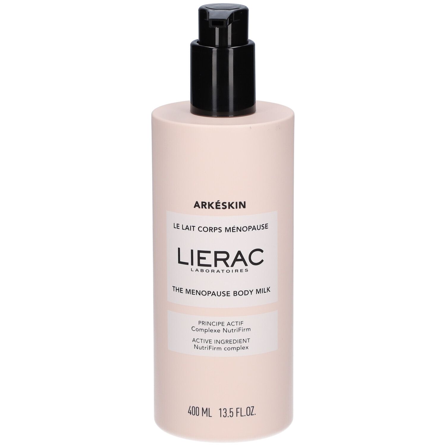 Flacon rose avec pompe noire. Inscriptions : Arkéskin, Le Lait Corps Ménopause, Lierac. 400 ml.