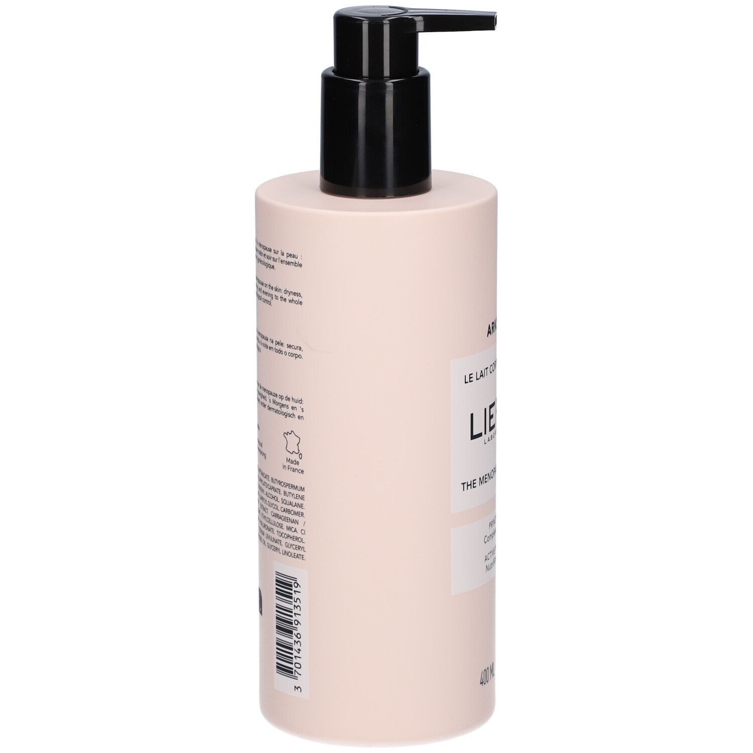 Flacon rose avec pompe noire. Inscriptions : Arkéskin, Le Lait Corps Ménopause, Lierac. Texte au dos.