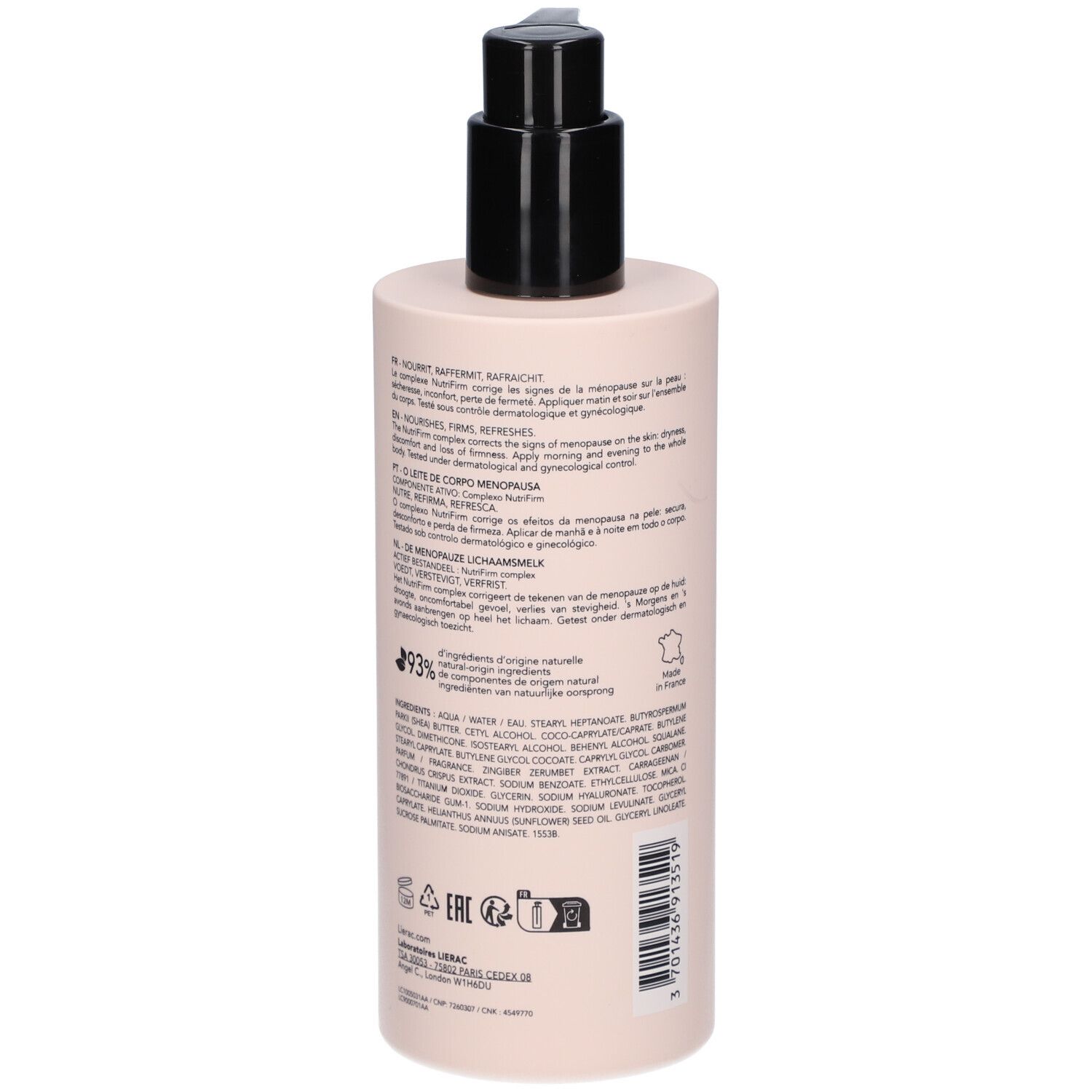 Dos d'un flacon rose avec pompe noire. Texte : ingrédients, actifs, informations fabricant, symbole de recyclage.