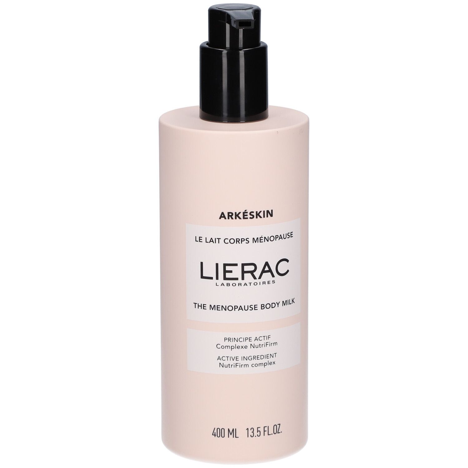 Flacon rose avec pompe noire. Inscriptions : Arkéskin, Le Lait Corps Ménopause, Lierac. 400 ml.