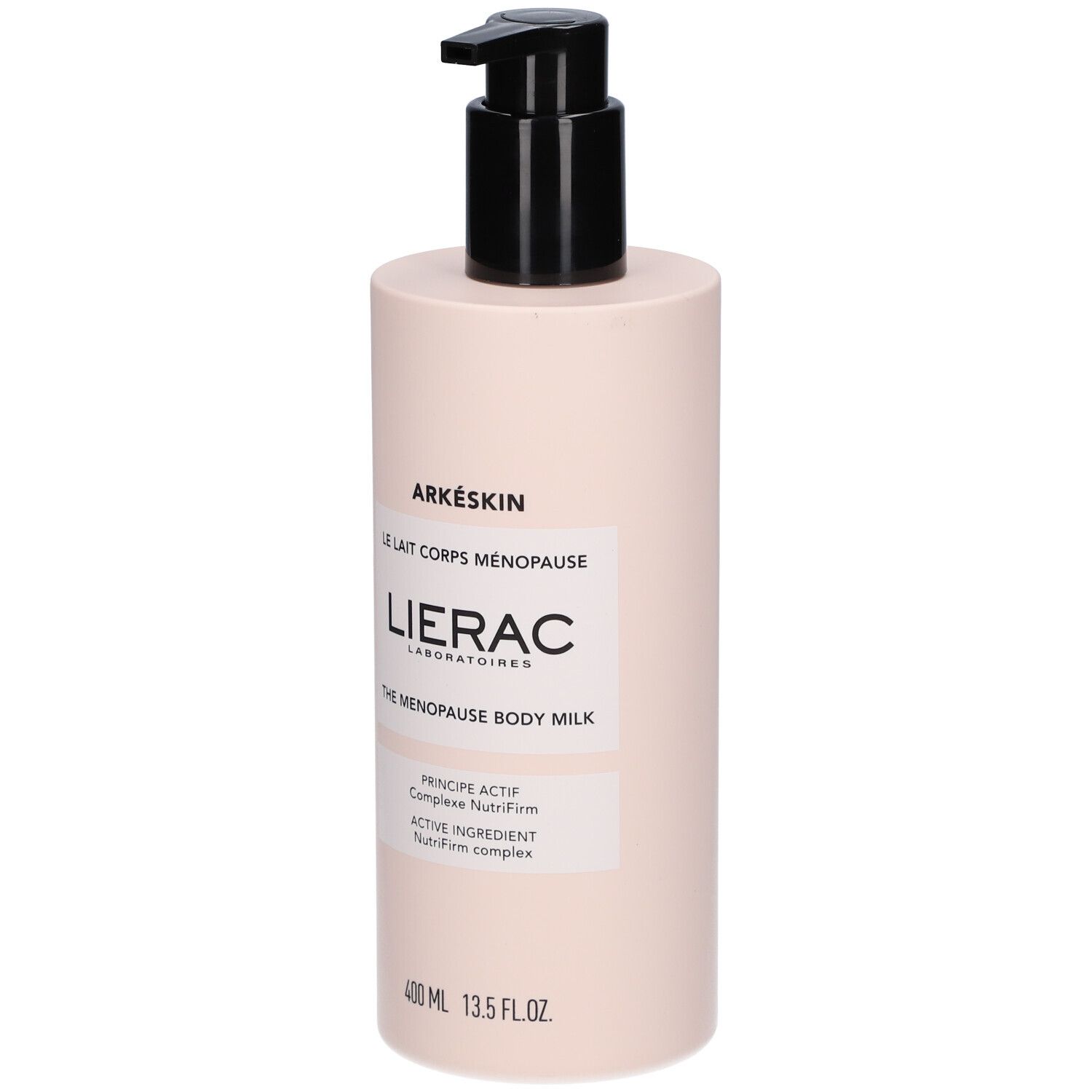 Flacon rose avec pompe noire. Inscriptions : Arkéskin, Le Lait Corps Ménopause, Lierac. 400 ml.