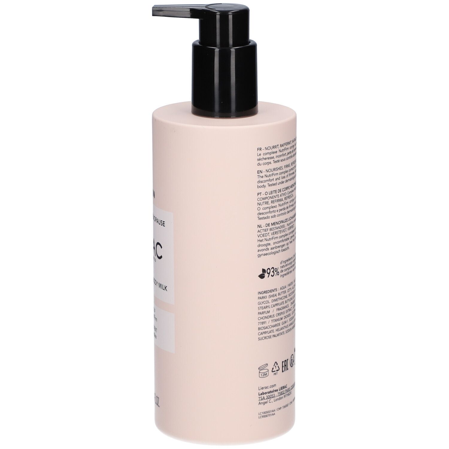 Côté d'un flacon rose avec pompe noire. Inscriptions : Arkéskin, Le Lait Corps Ménopause, Lierac. Texte.