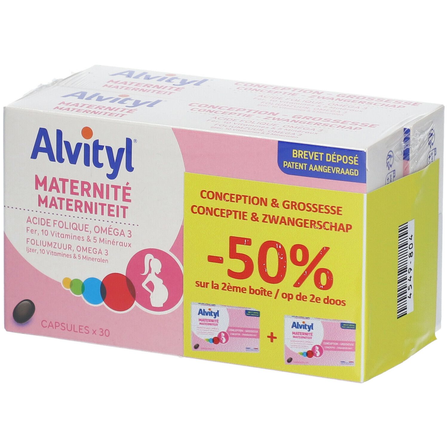 Verpakking Alvityl Maternité. Roze-witte doos met productinfo en -50% korting.