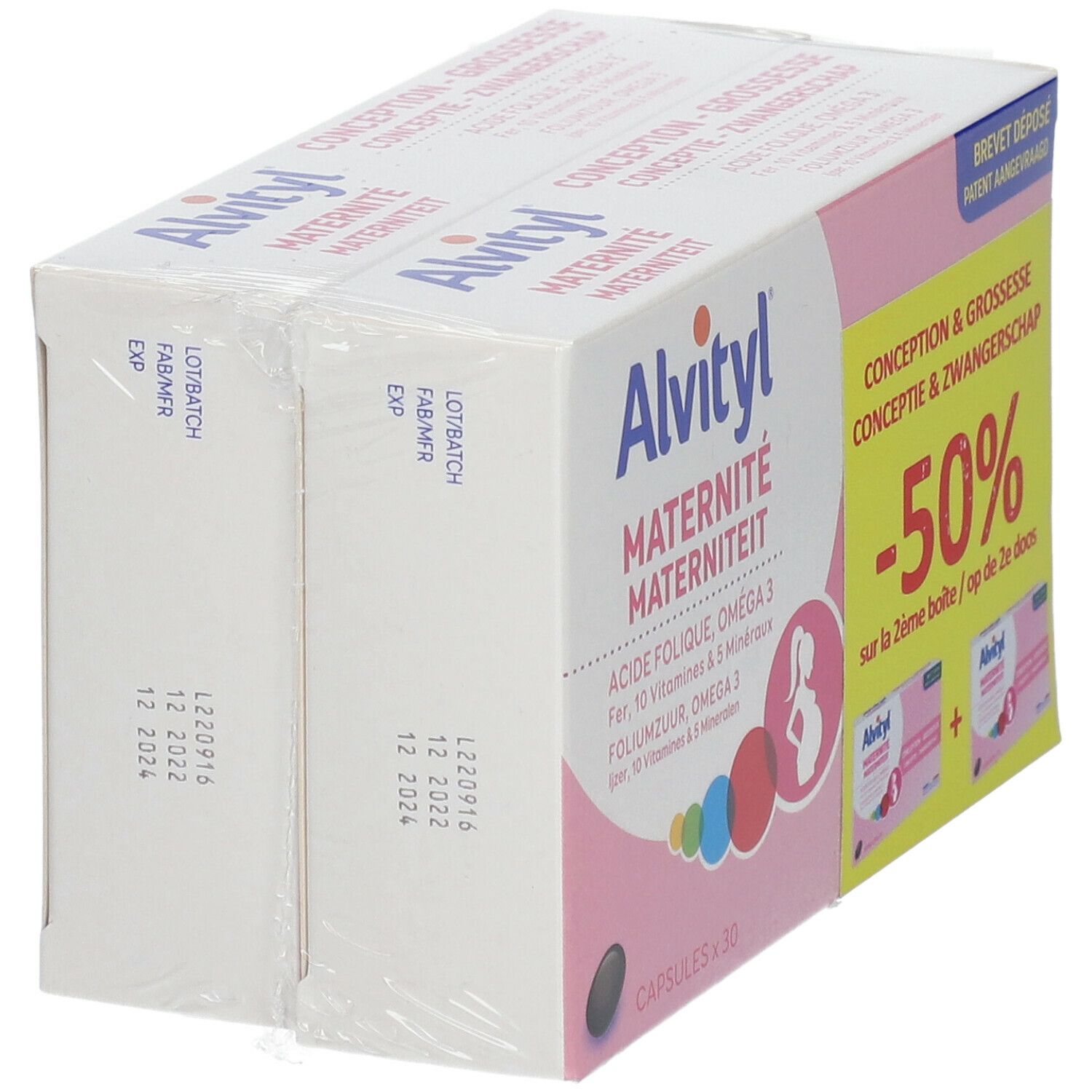 Twee verpakte Alvityl Maternité dozen. Transparante folie om de roze-witte dozen.