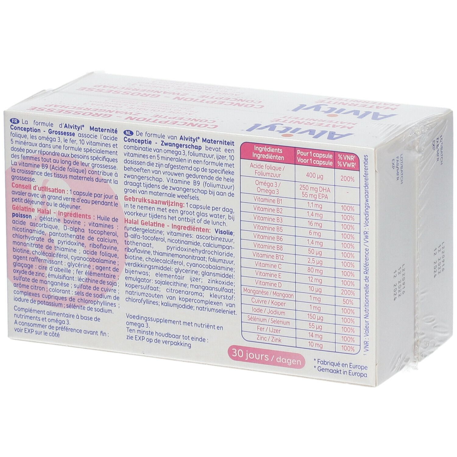 Achterkant van de Alvityl Maternité verpakking. Bevat ingrediënten en voedingswaarde-informatie.