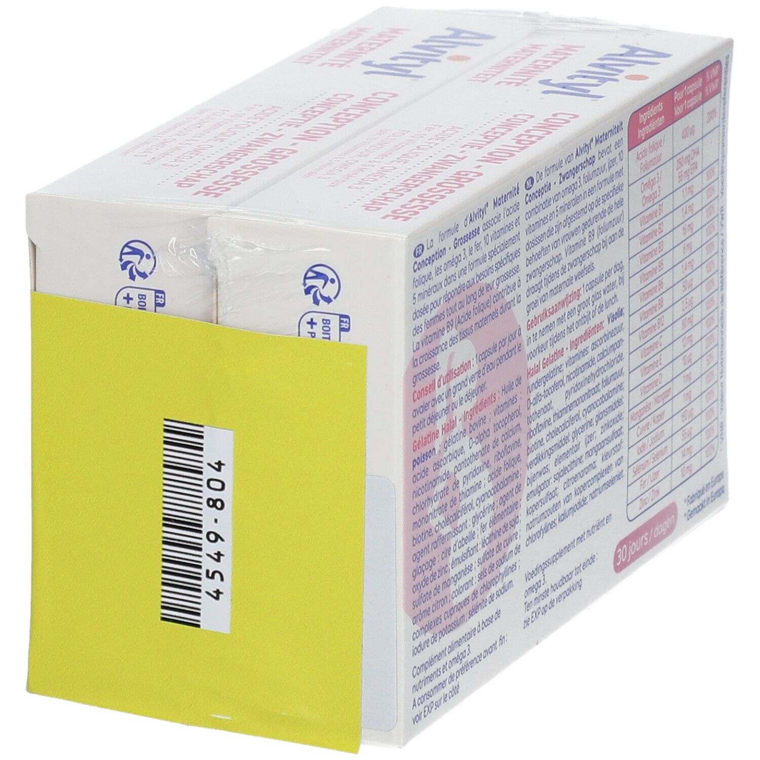 Achterkant Alvityl Maternité verpakking met barcode sticker. Gele sticker met barcode.