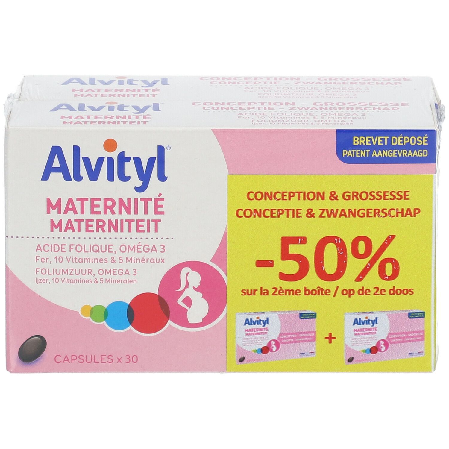 Verpakking Alvityl Maternité. Roze-witte doos met productinfo en -50% korting.