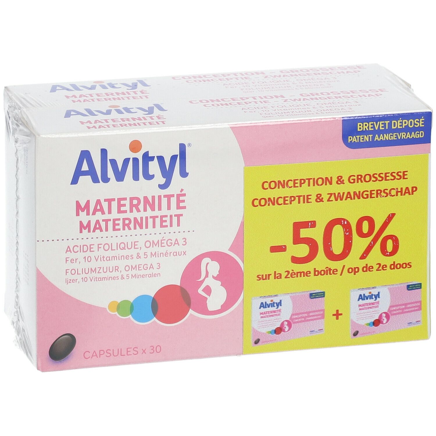 Verpakking Alvityl Maternité. Roze-witte doos met productinfo en -50% korting.