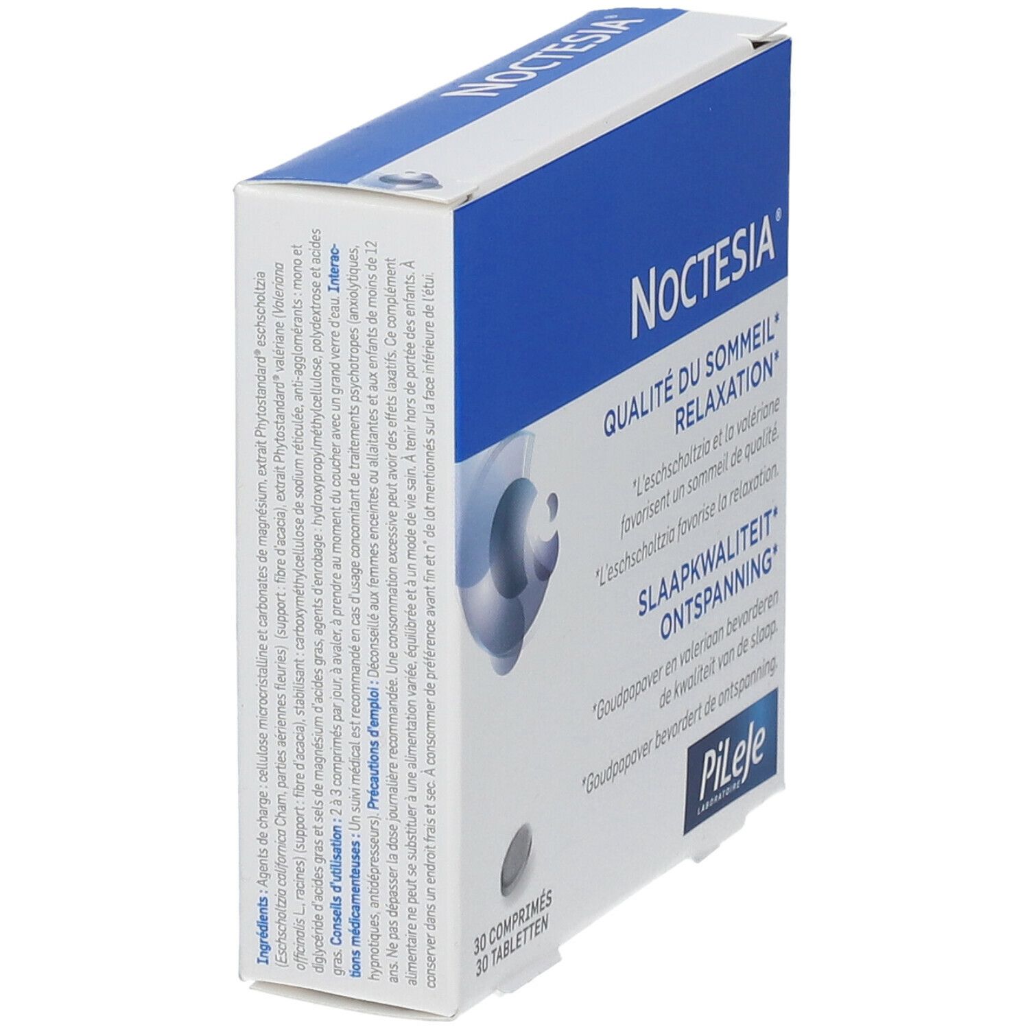 Zijaanzicht van de Noctesia-verpakking. Blauwe en witte kleuren. Tekst en logo PiLeJe.