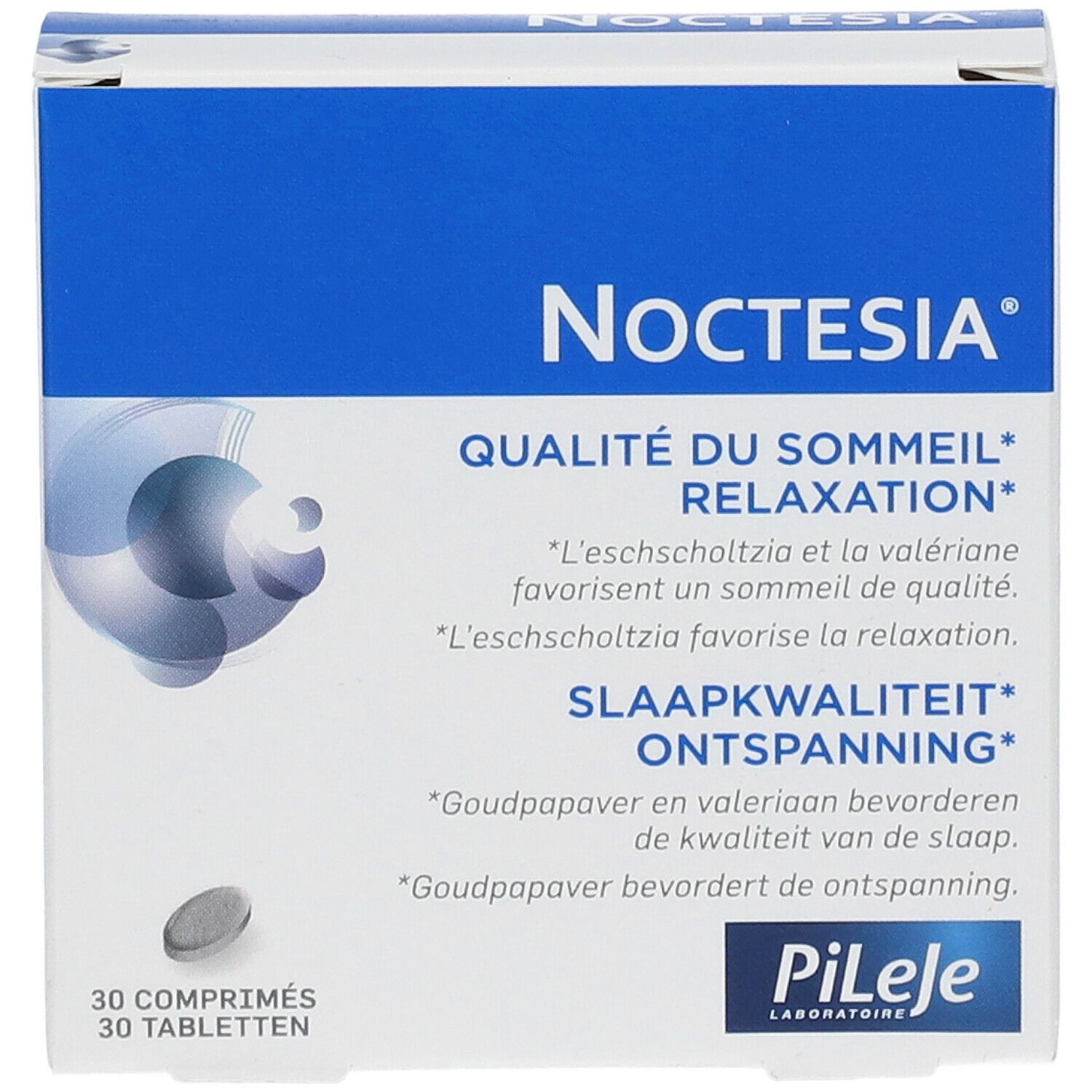 Vooraanzicht van de Noctesia-verpakking. Blauw en wit. 30 tabletten zichtbaar. Logo PiLeJe.