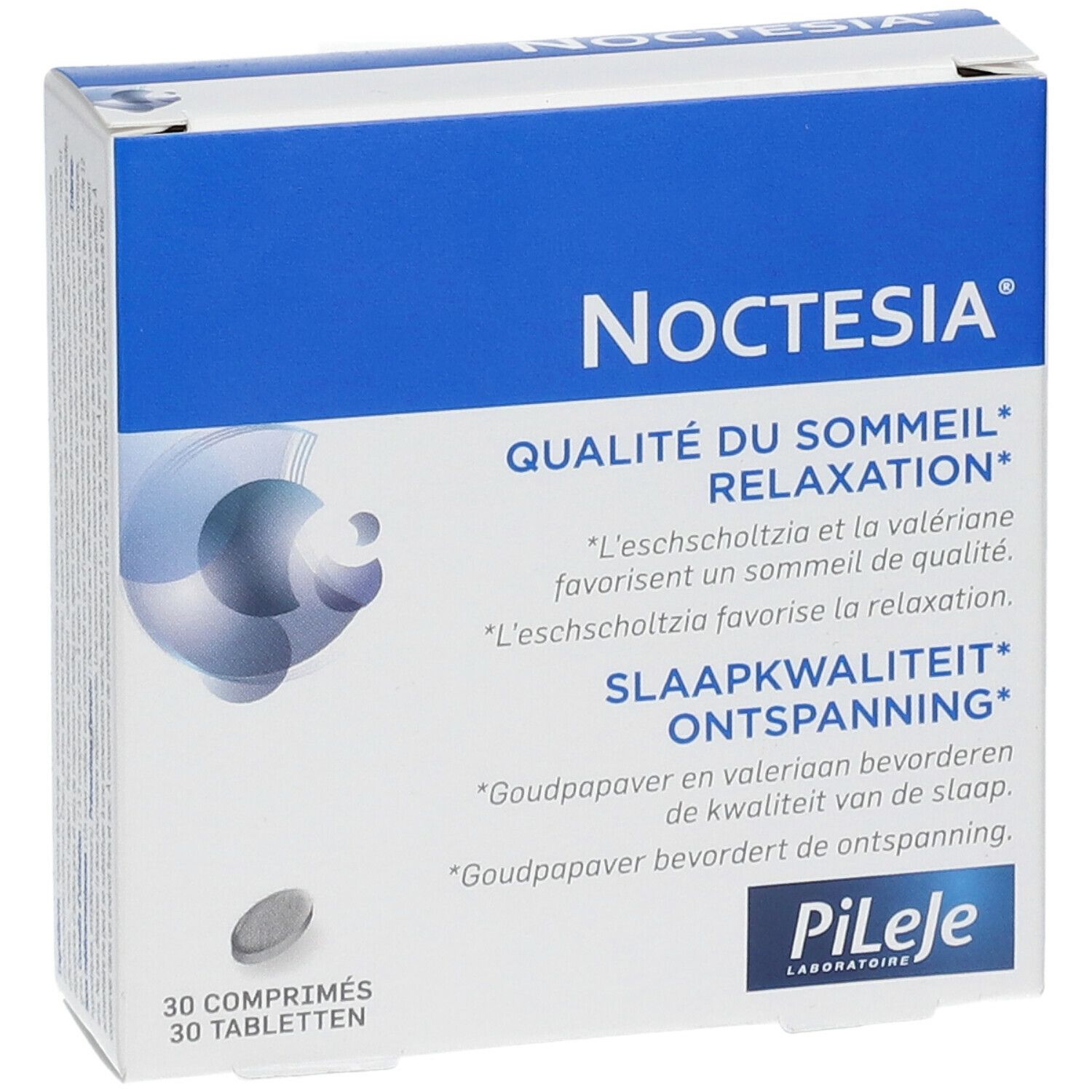 Vooraanzicht van de Noctesia-verpakking. Blauw en wit. 30 tabletten zichtbaar. Logo PiLeJe.