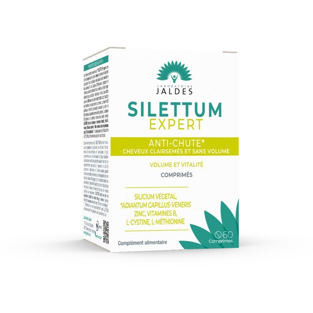 Boîte de Silettum Expert Anti-Chute. Contient 60 comprimés. Inscriptions: Volume et Vitalité, Anti-Chute, Silicium vegetal, Zinc, Vitamines B.