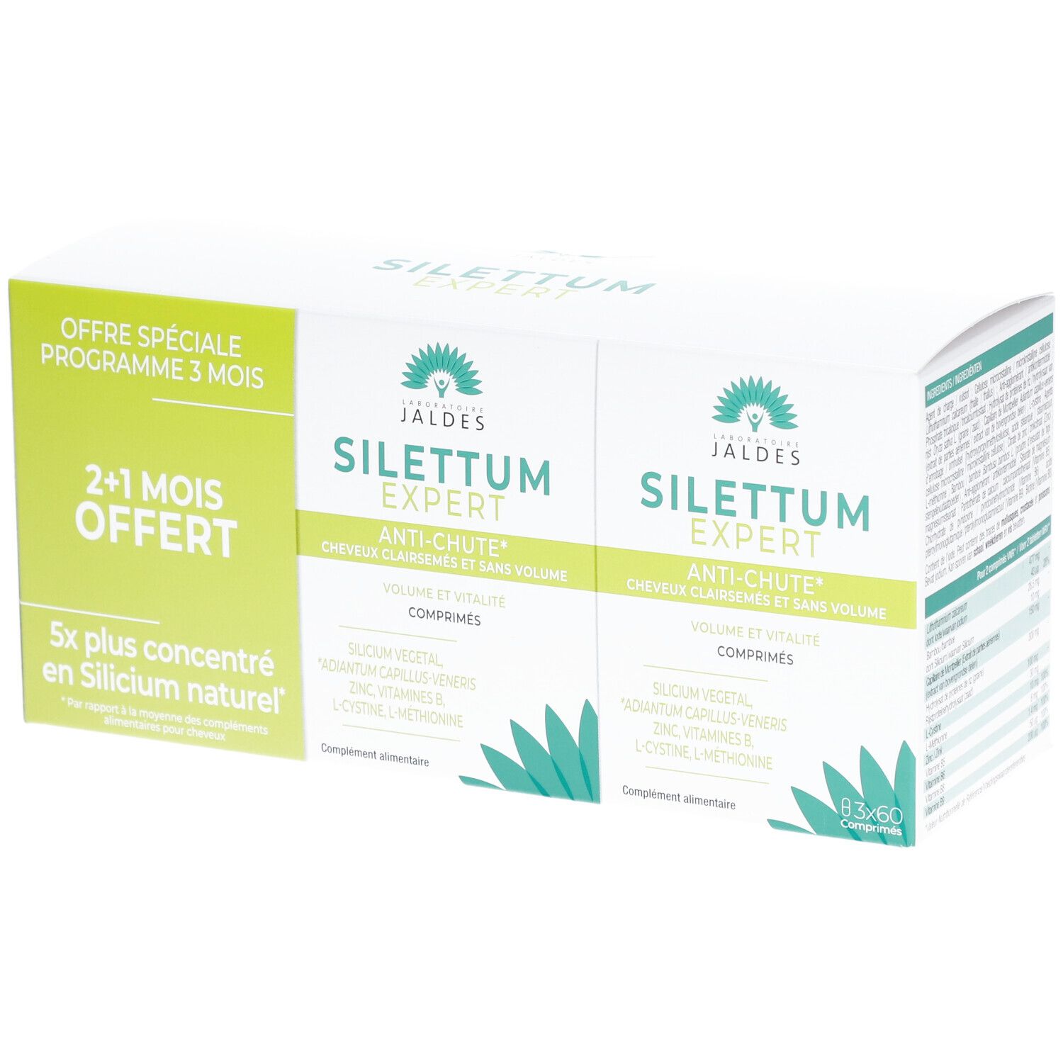 Boîte de comprimés Silettum Expert Anti-chute, Volume et Vitalité. Offre spéciale 2+1 mois offerts.