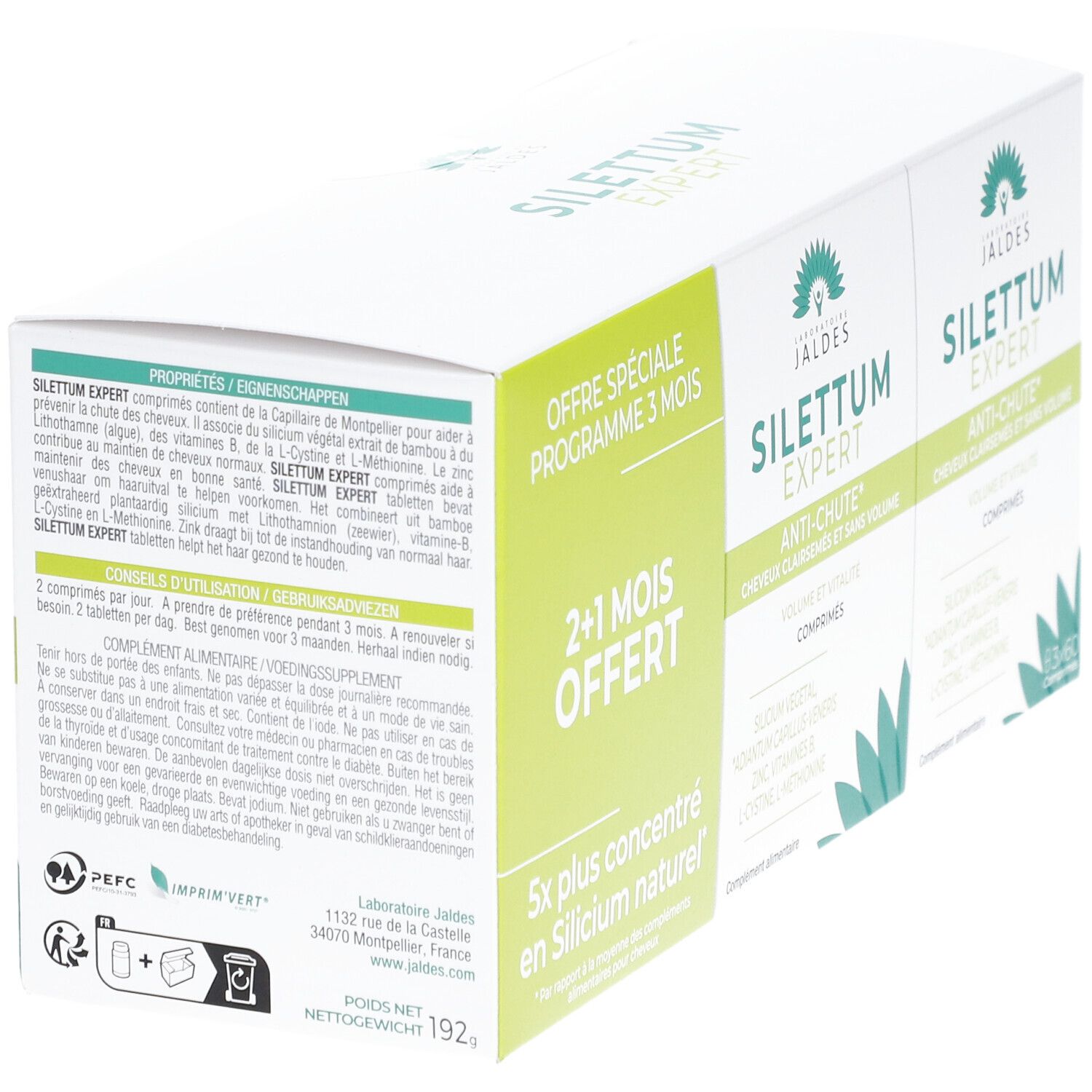Boîte de comprimés Silettum Expert Anti-chute, Volume et Vitalité. Offre spéciale 2+1 mois offerts.