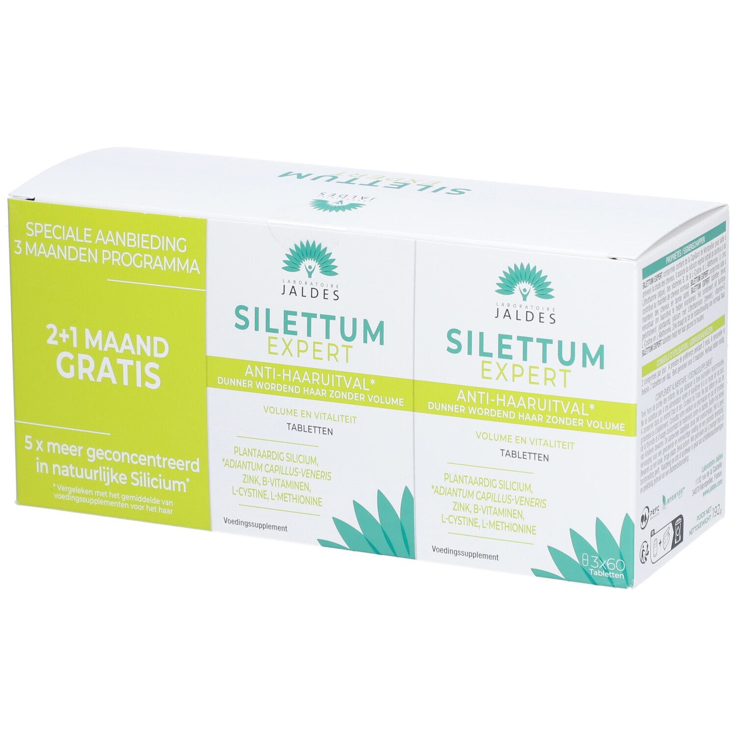 Boîte de comprimés Silettum Expert Anti-chute, Volume et Vitalité. Offre spéciale 2+1 mois offerts.